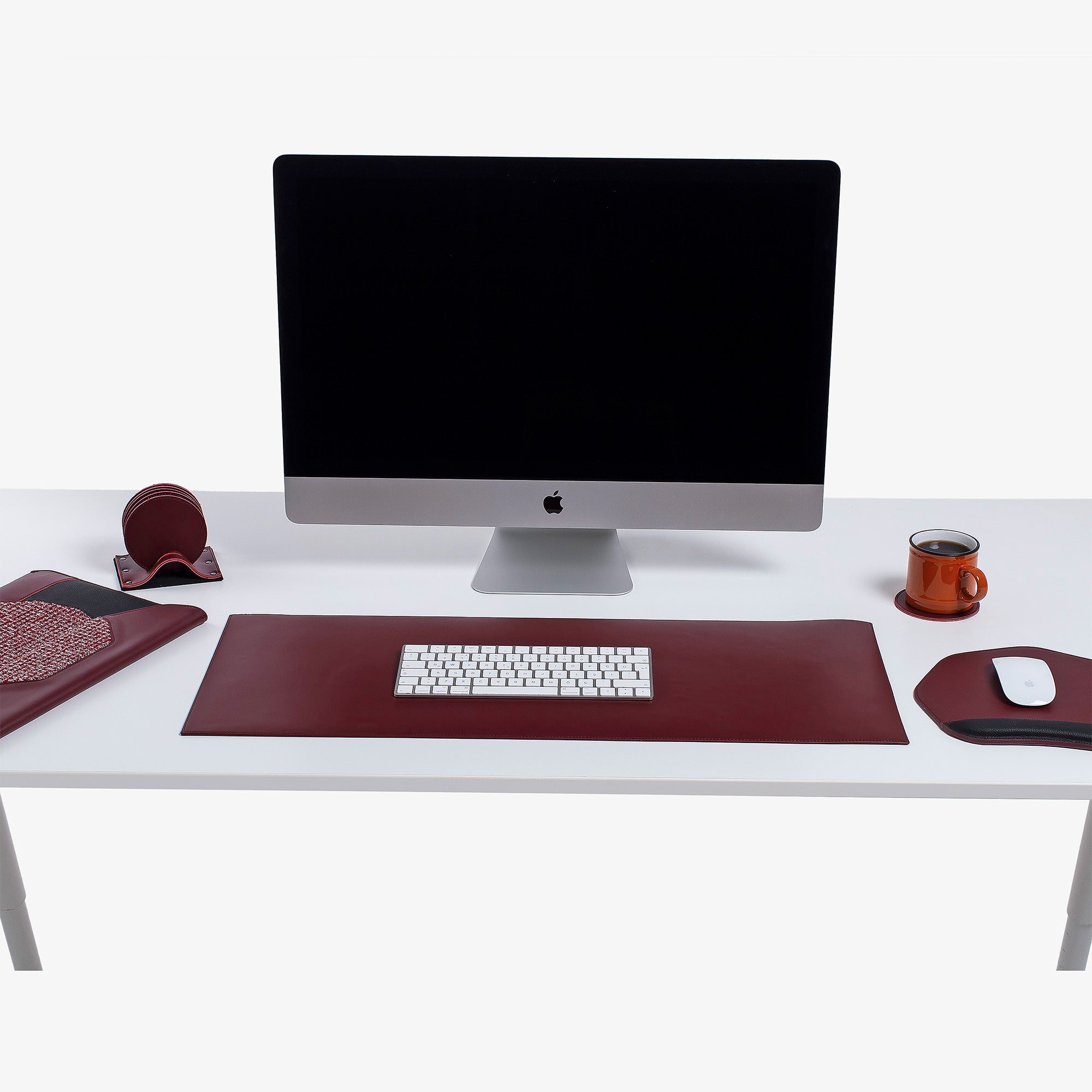 Red Leather desk mat on the desk