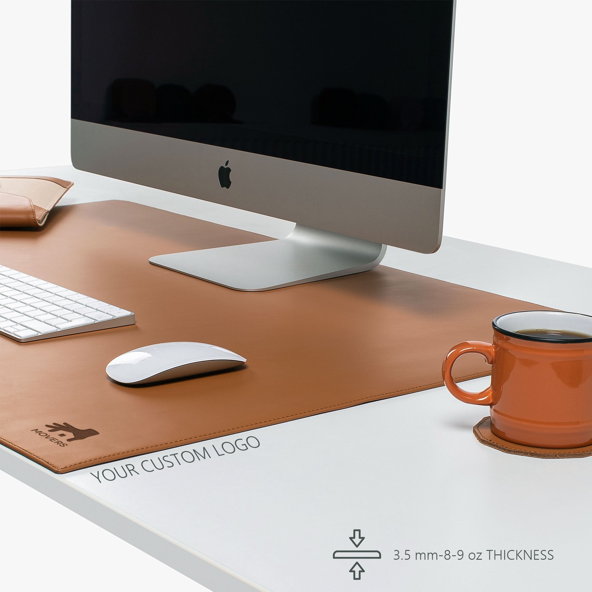 Custom logo Brown Leather desk mat on the desk