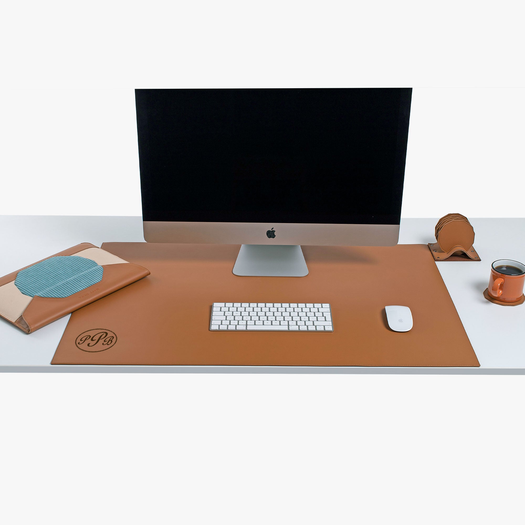 Custom Personalized Brown Leather desk mat on the desk with macbook