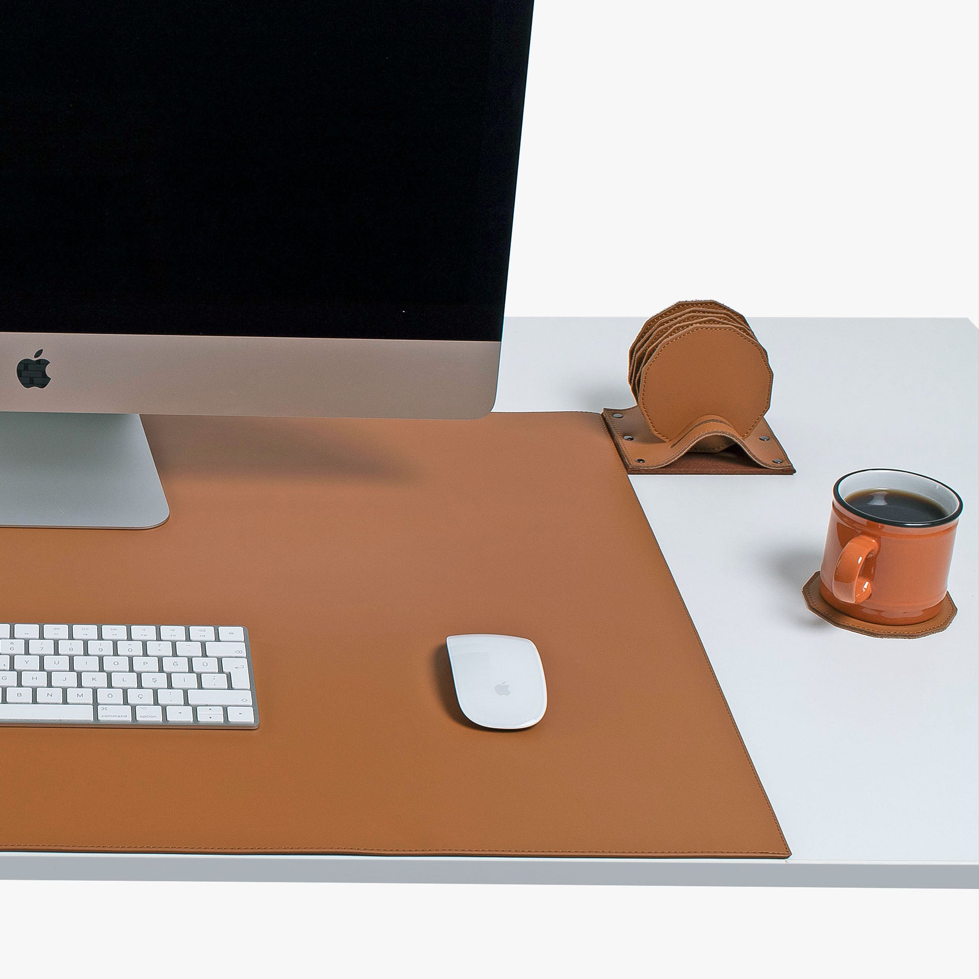 Brown Leather desk mat on the desk