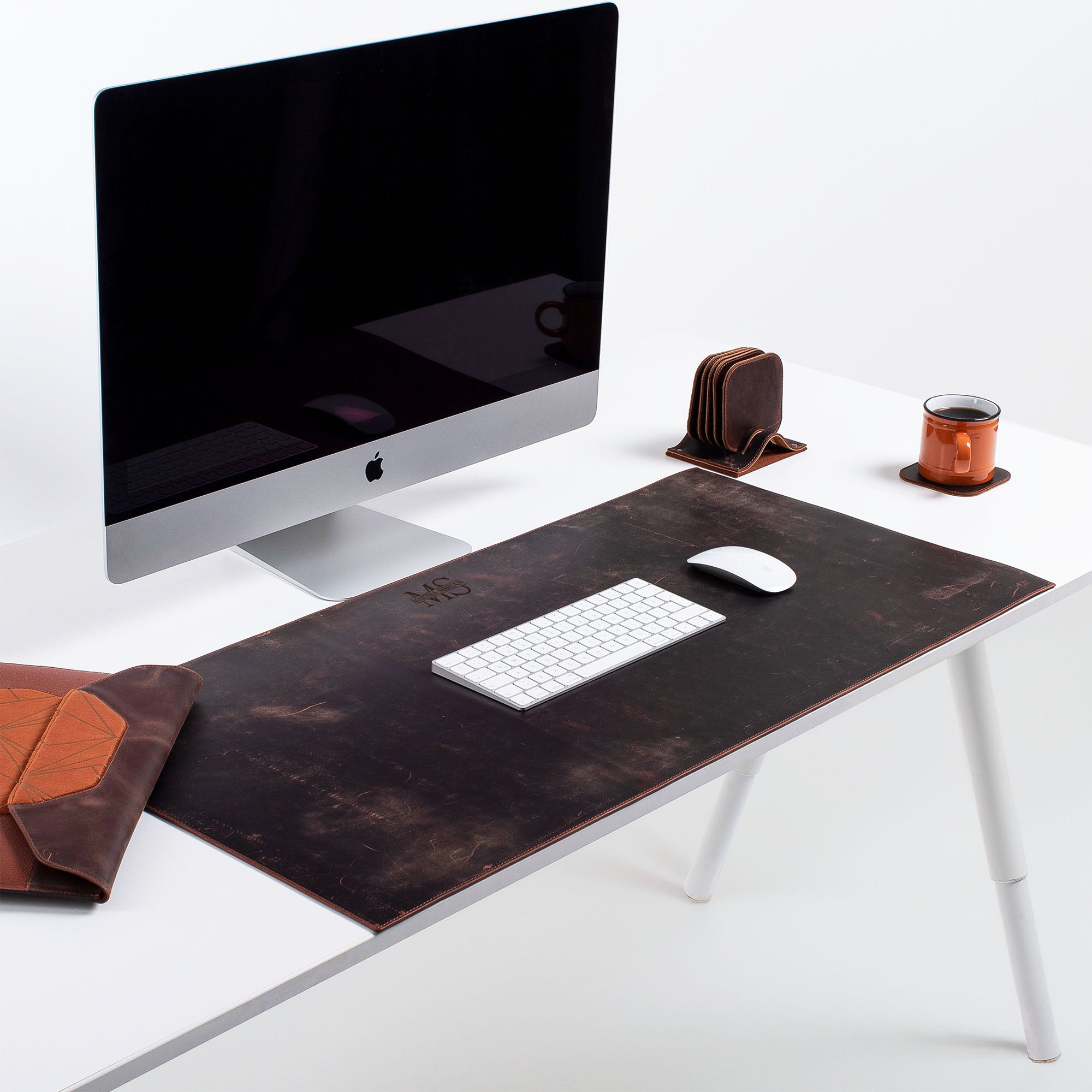 Brown Leather desk mat on the desk