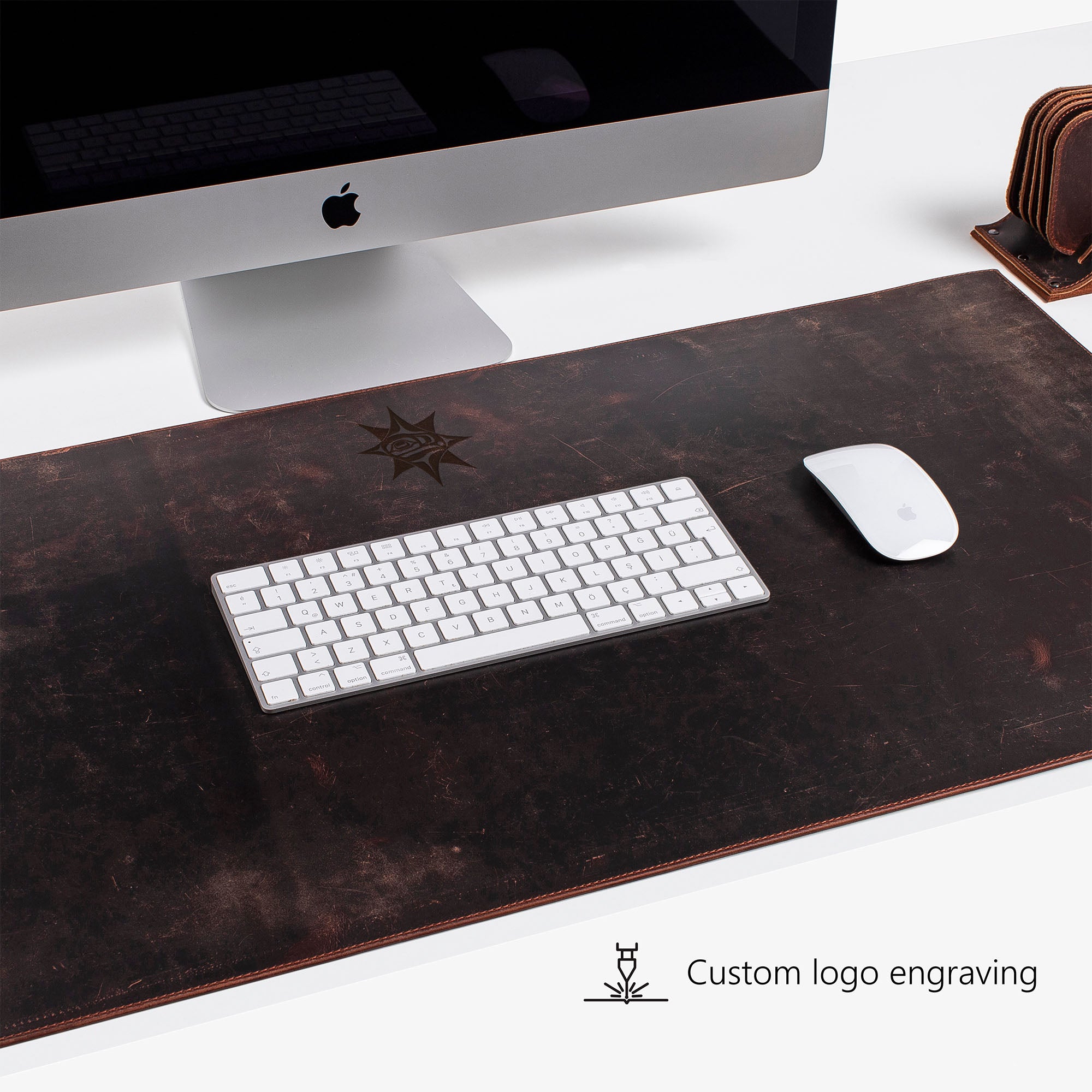 Brown Leather desk mat on the desk