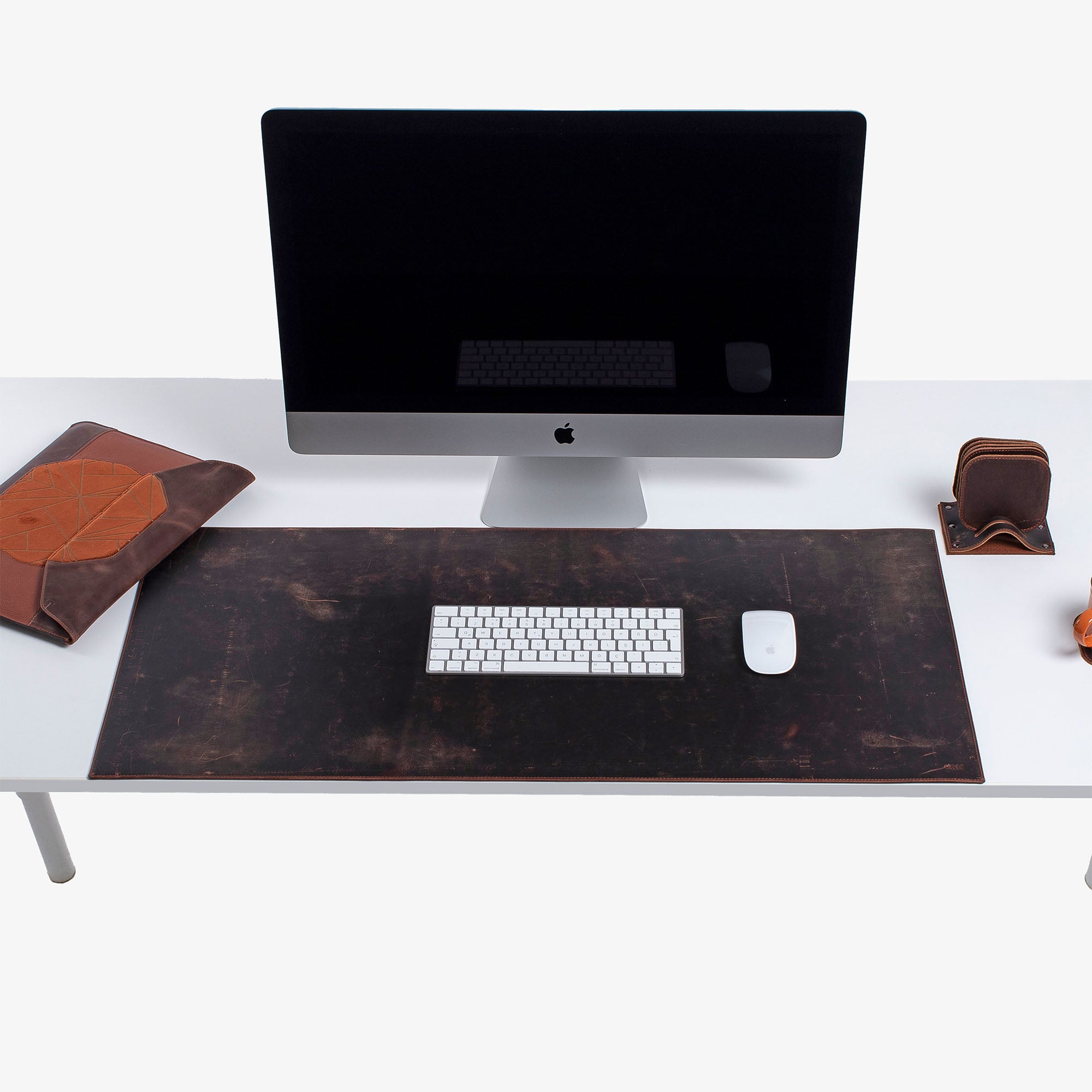 Brown Leather desk mat on the desk