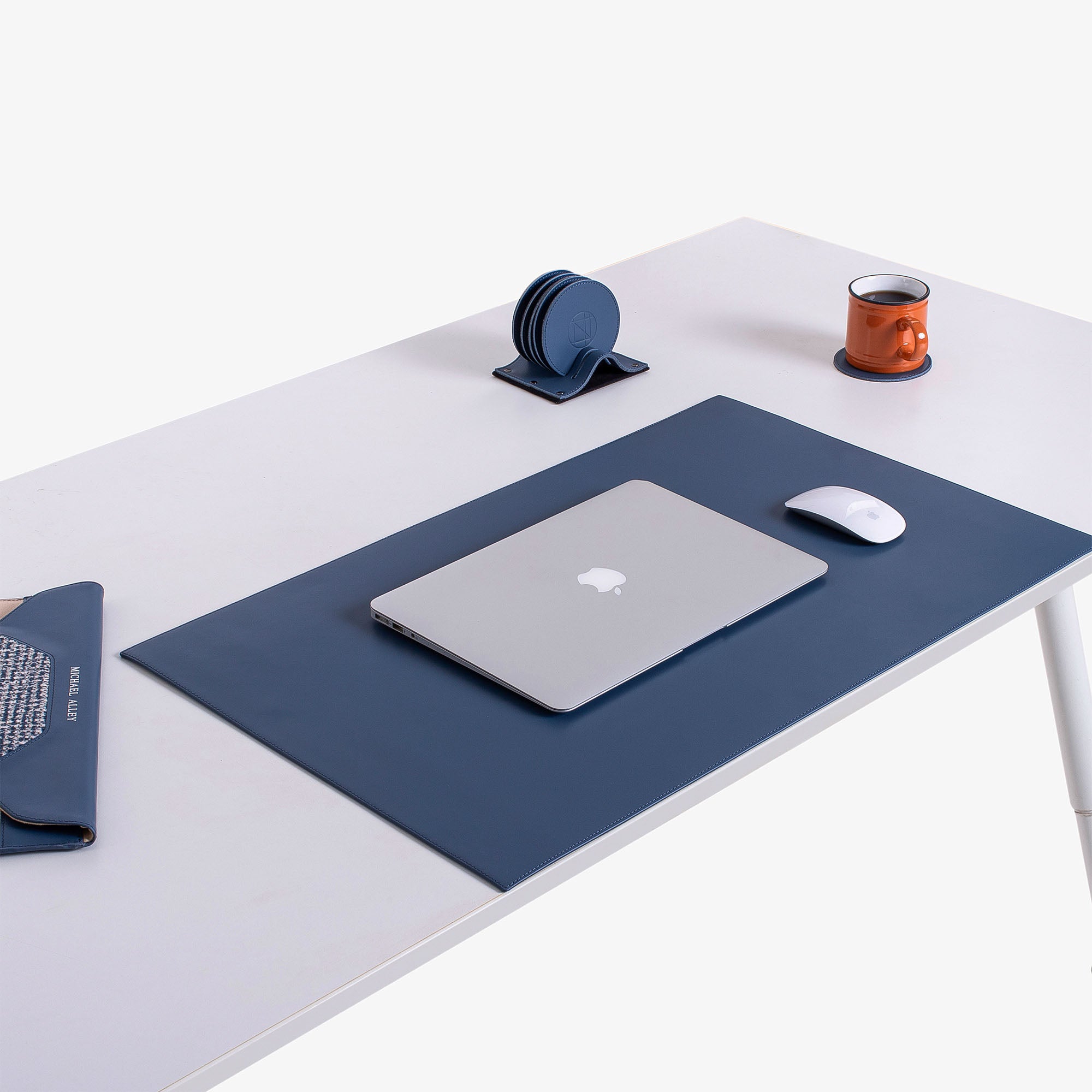 blue Leather desk mat on the desk
