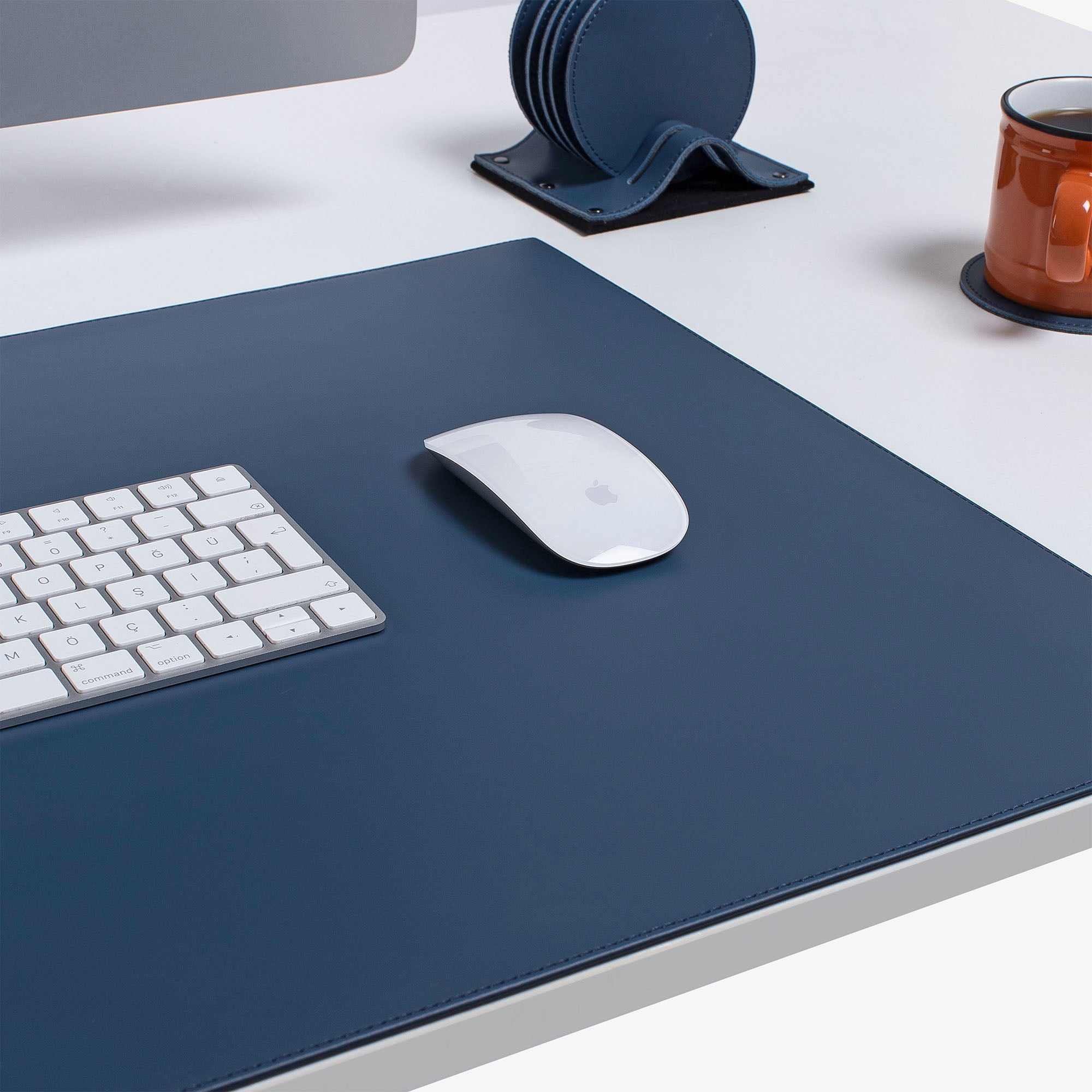 blue Leather desk mat on the desk