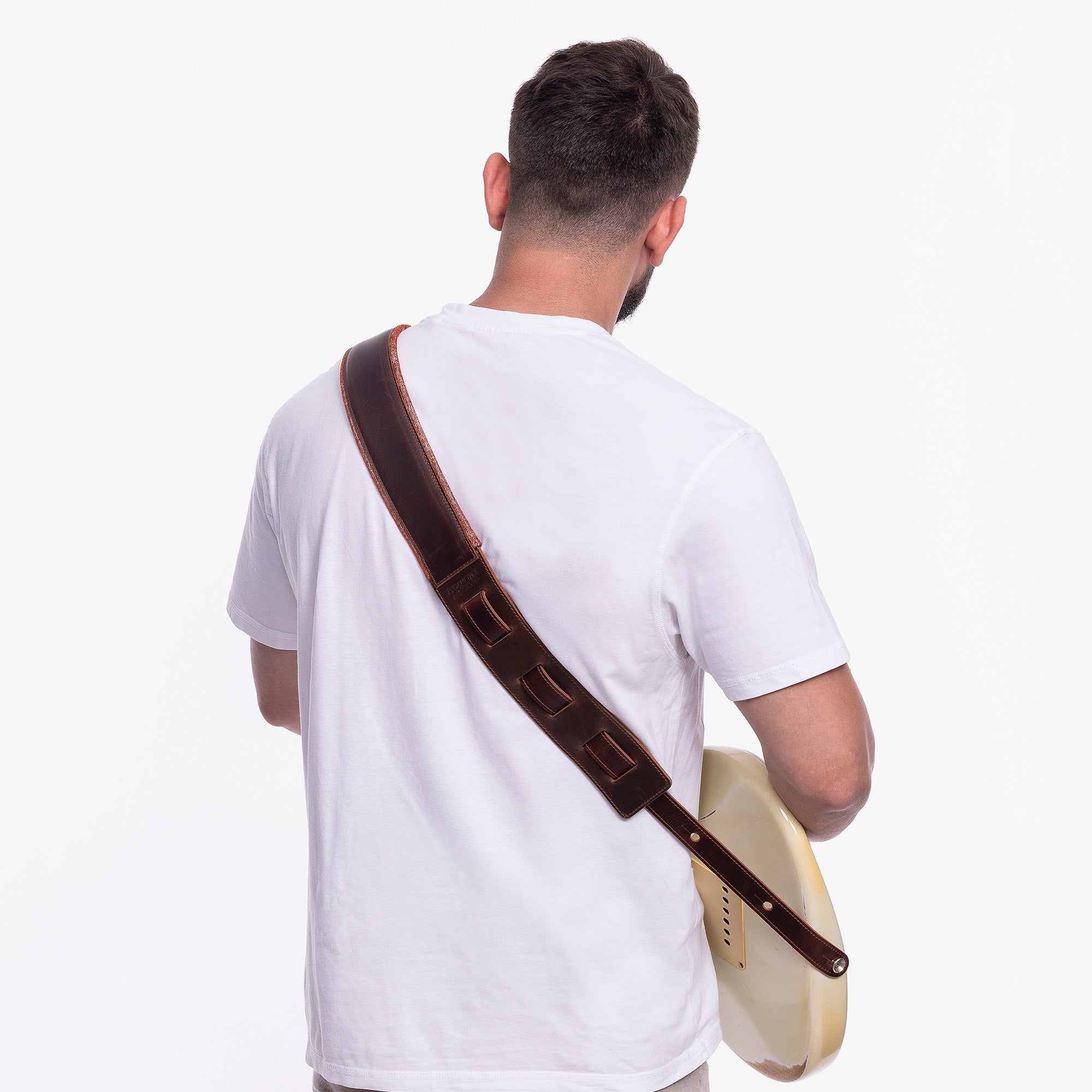 Brown Padded Leather guitar strap back on model
