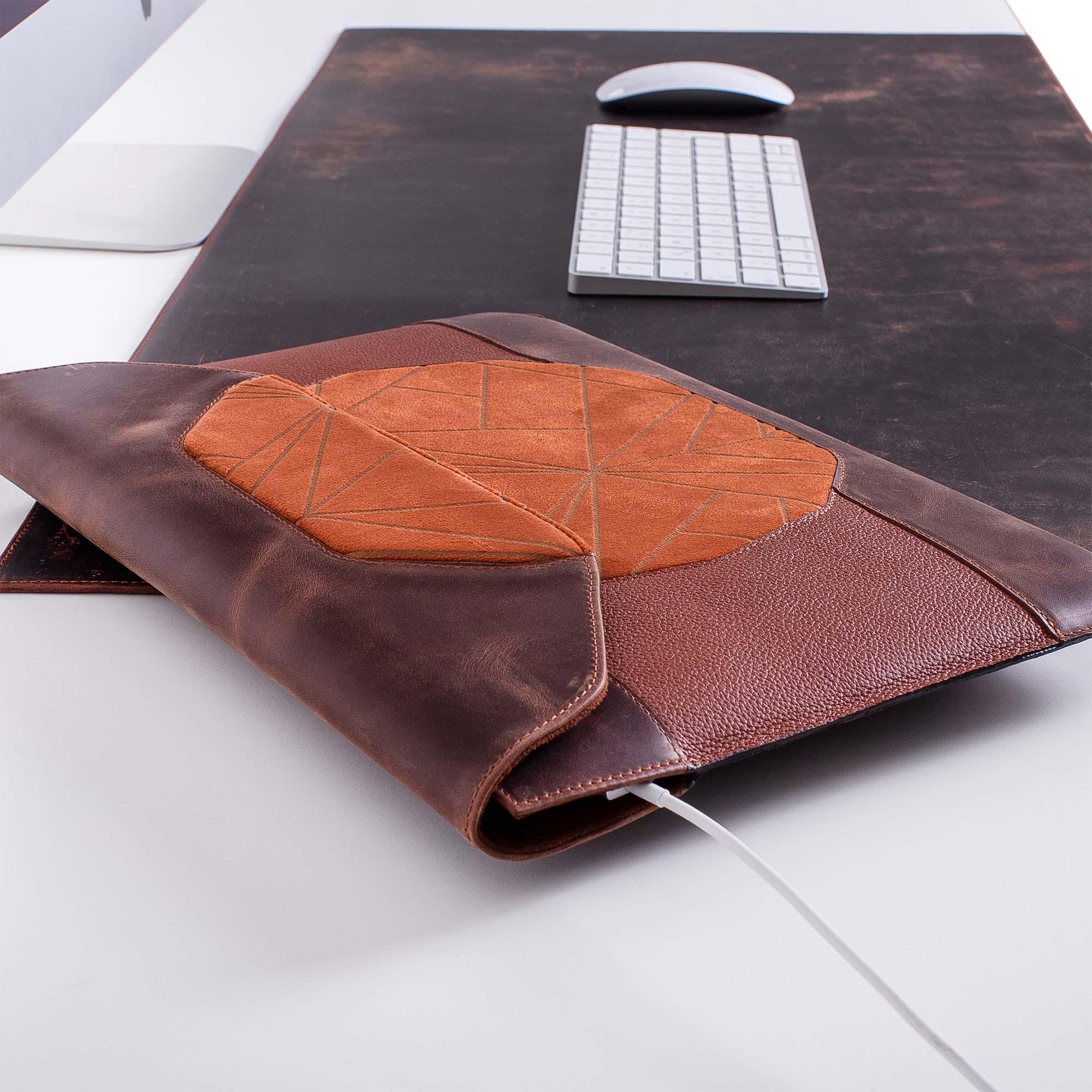 Custom brown distressed leather MacBook sleeve with personalization options