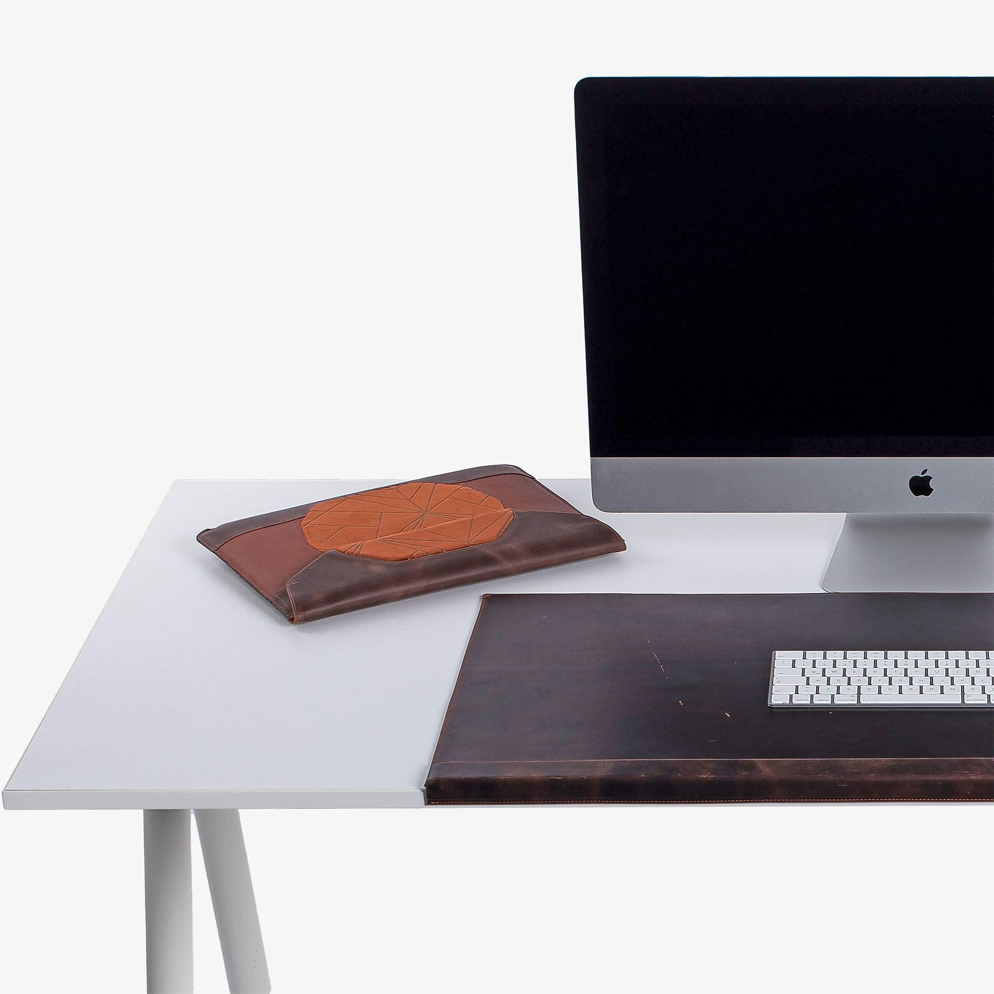 Custom brown distressed leather MacBook sleeve with padded design