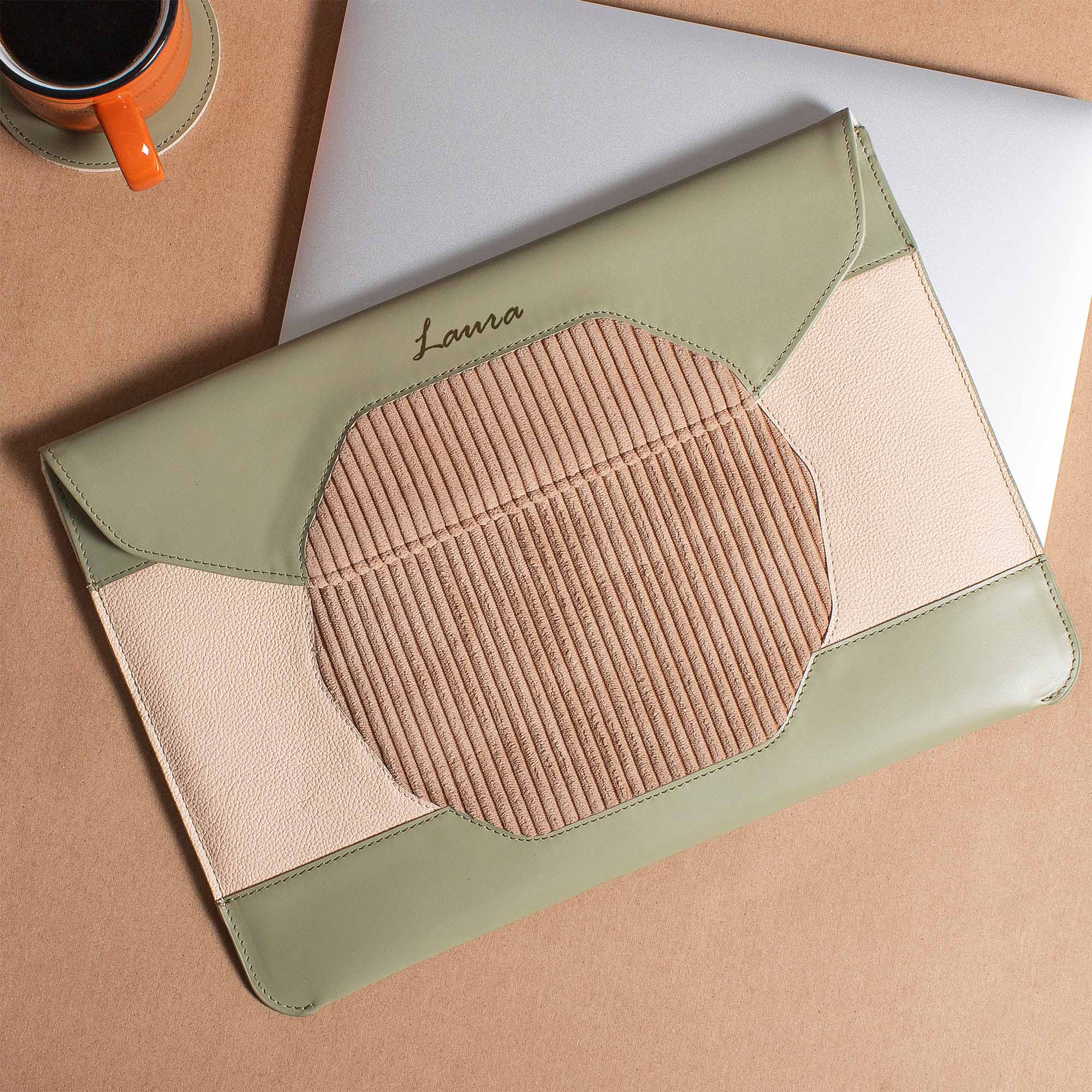 Custom green distressed leather MacBook sleeve for MacBook pro