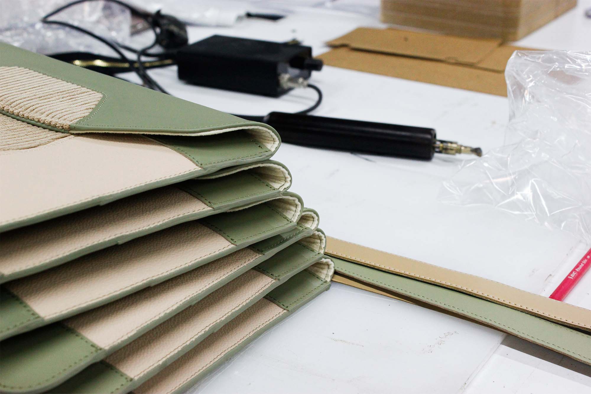 Unfinished leather product on the workplace table