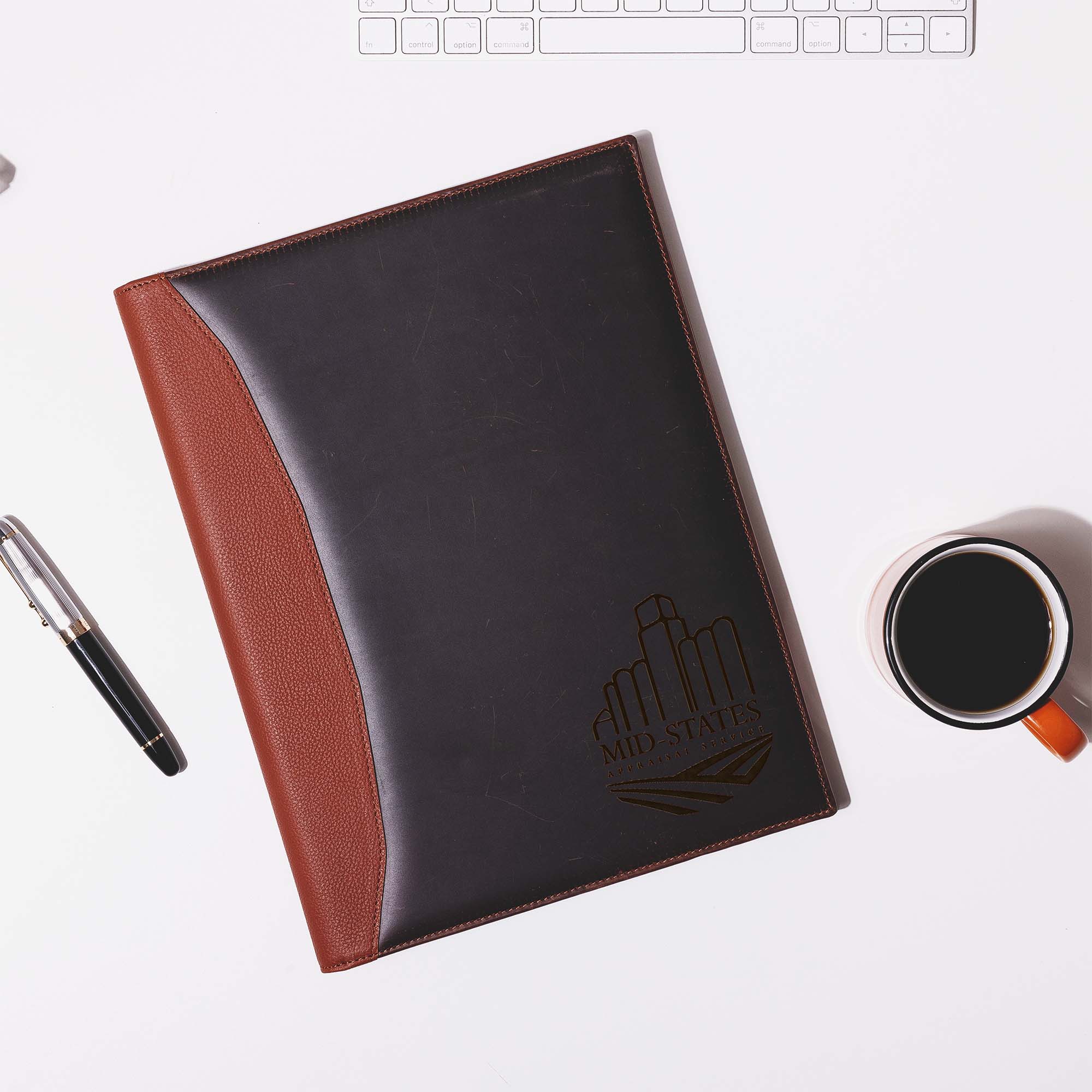 Personalized Distressed Brown Leather A4 padfolio on the desk