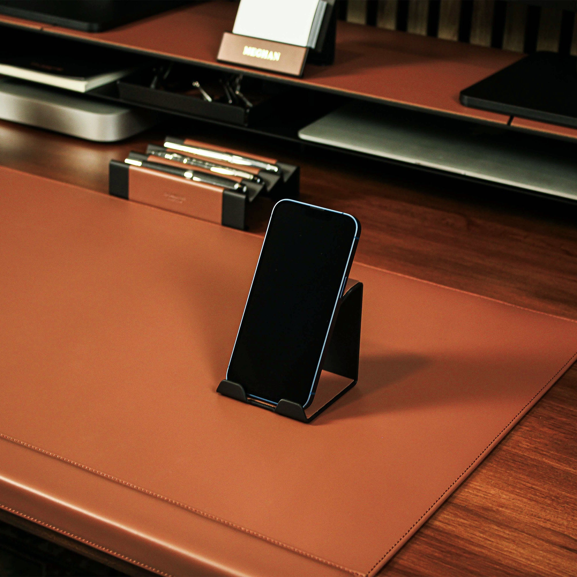 Metal Mobile Phone Stand with leather overlay