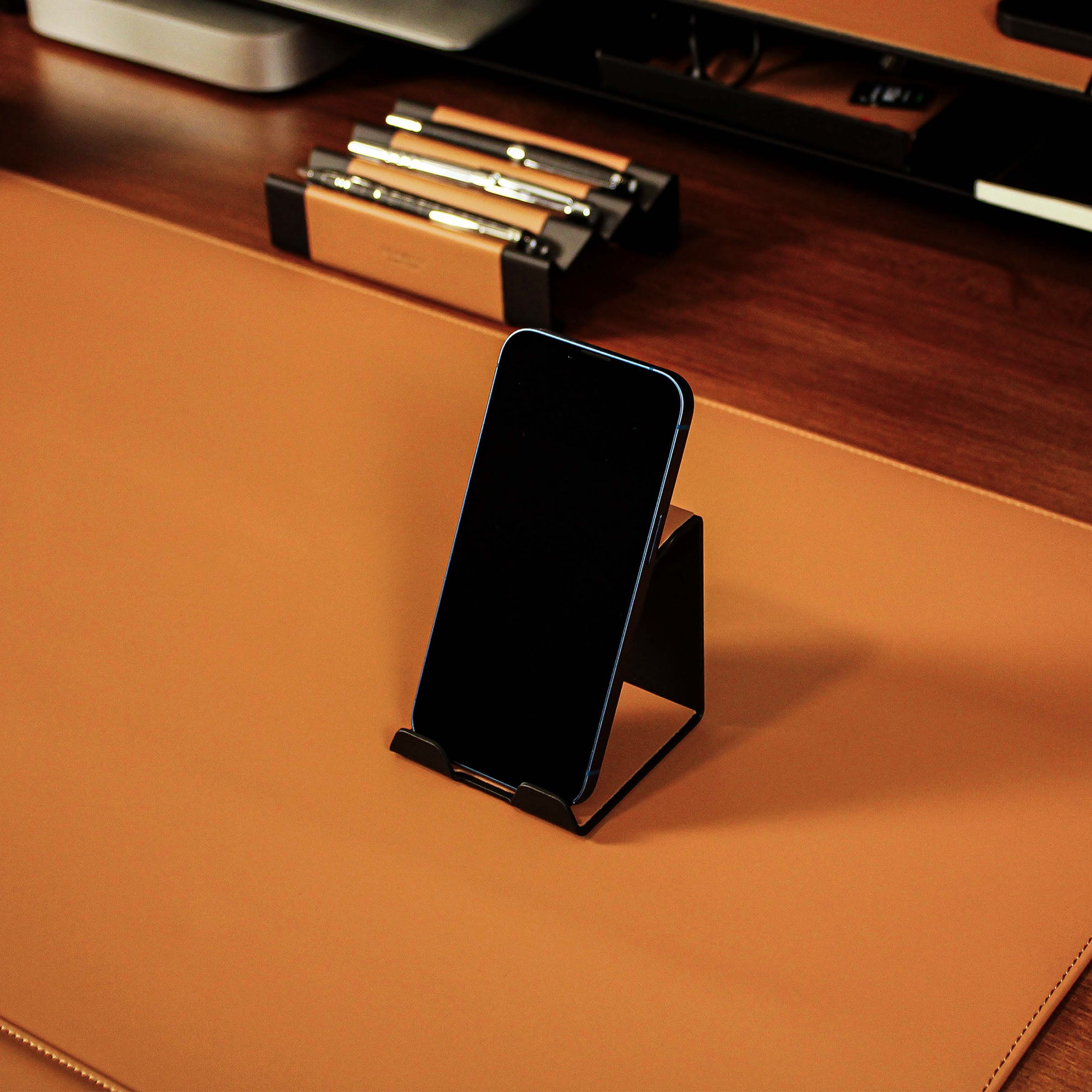 Metal Mobile Phone Stand with leather overlay