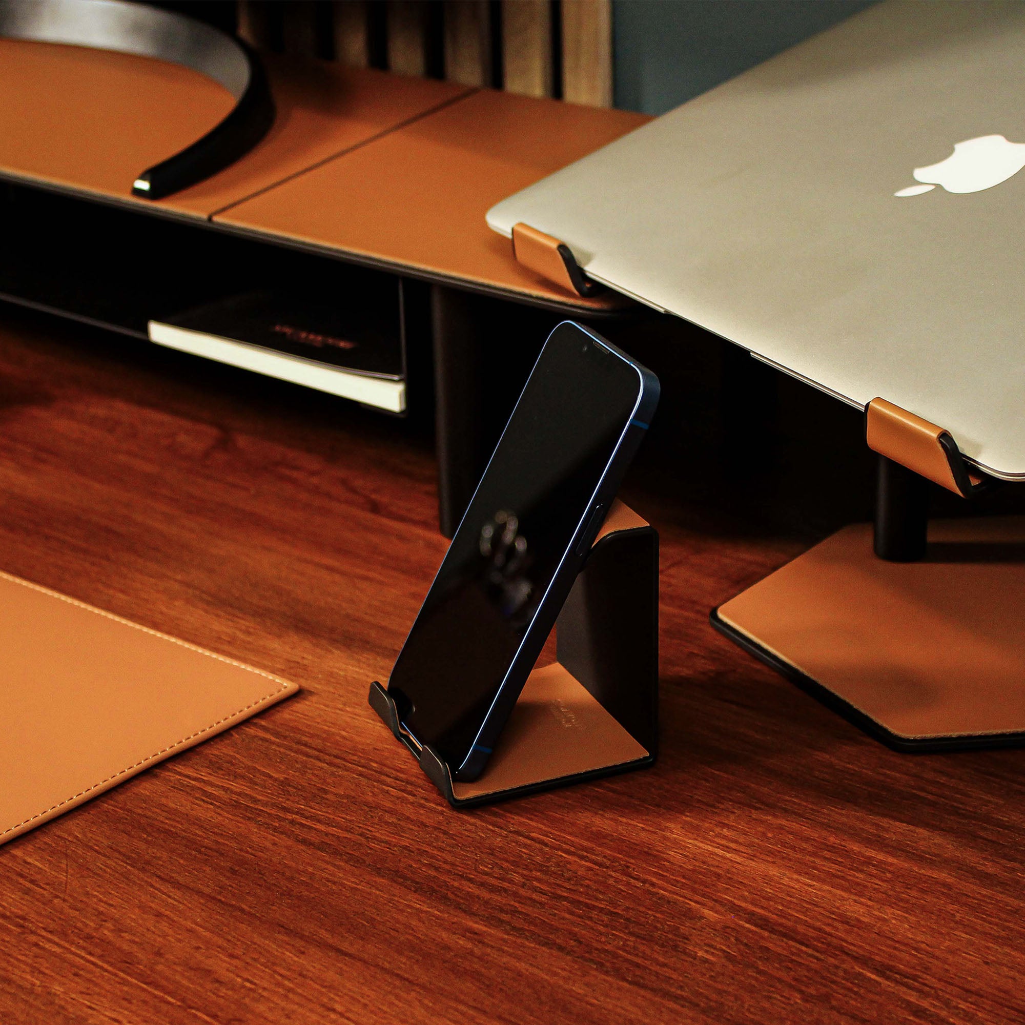 Metal Mobile Phone Stand with leather overlay