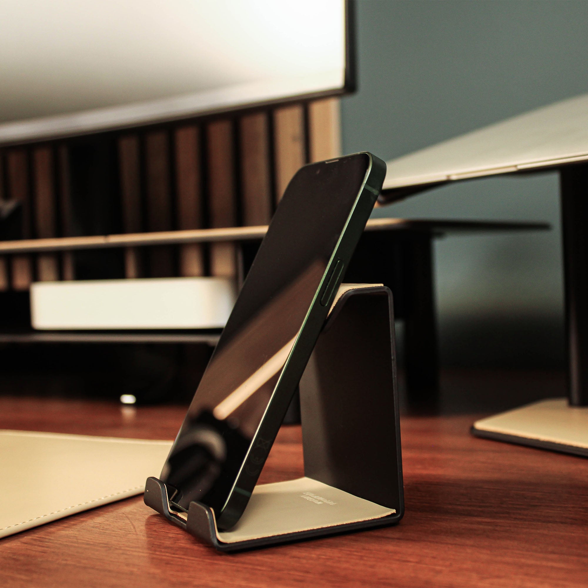 Metal Mobile Phone Stand with leather overlay