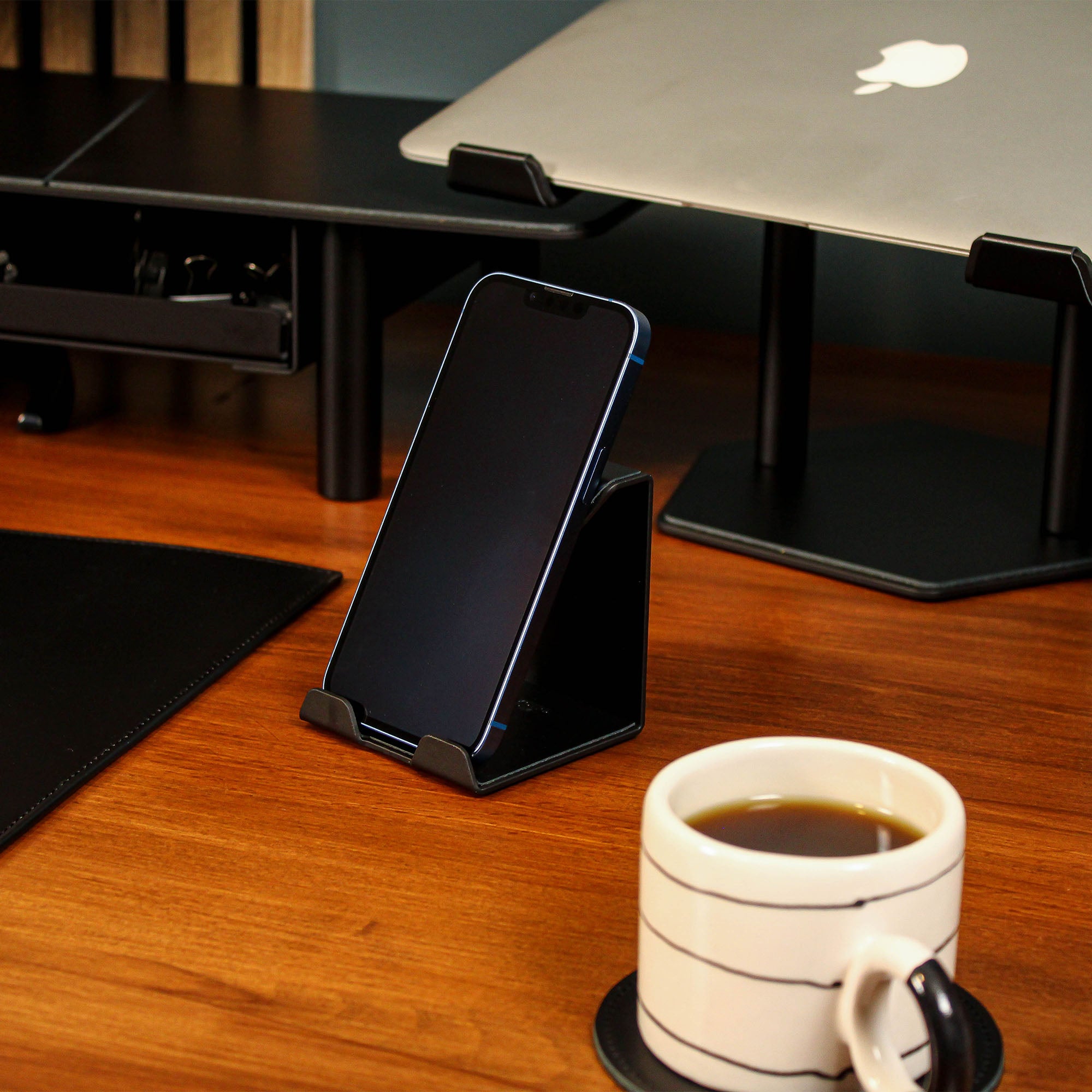 Metal Mobile Phone Stand with leather overlay