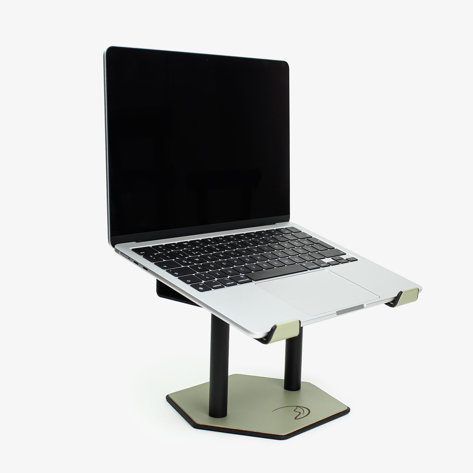 Side angle showing the ergonomic tilt of the sage-green laptop stand