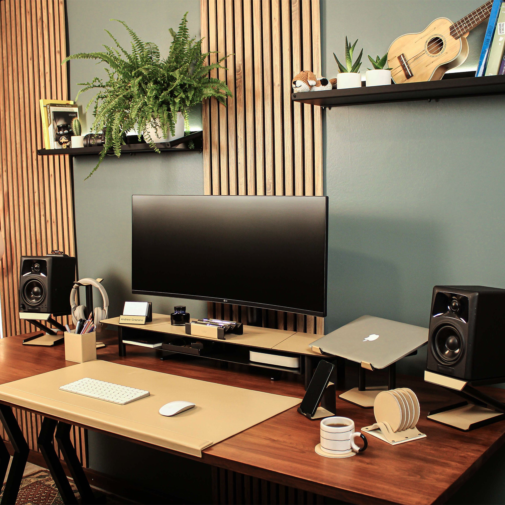 brown Leather desk mat with wrist support