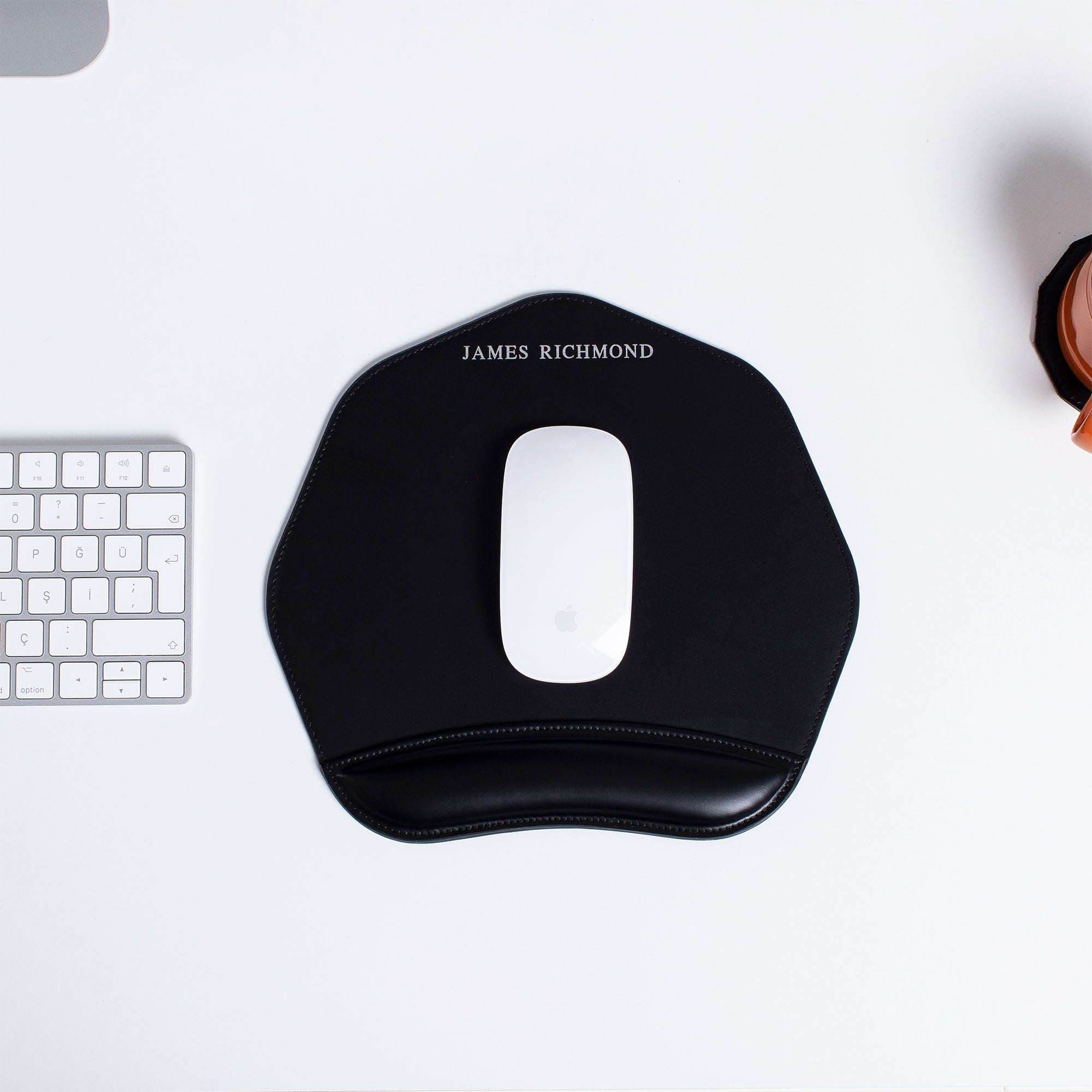 Personalized Black Mouse pad with wrist support under magic mouse