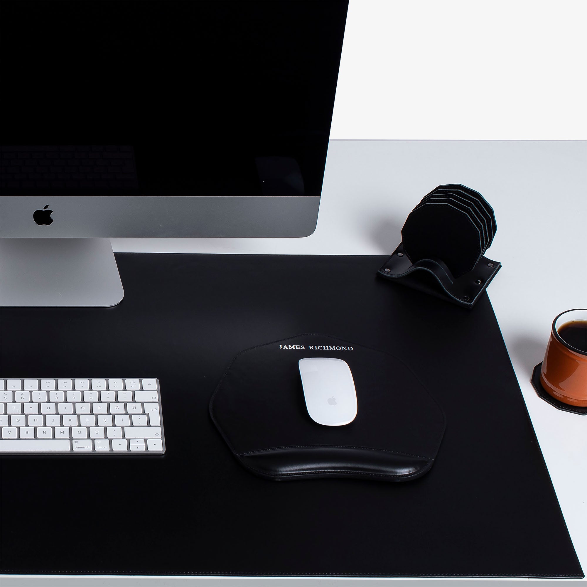 Personalized Black Mouse pad with wrist support under magic mouse