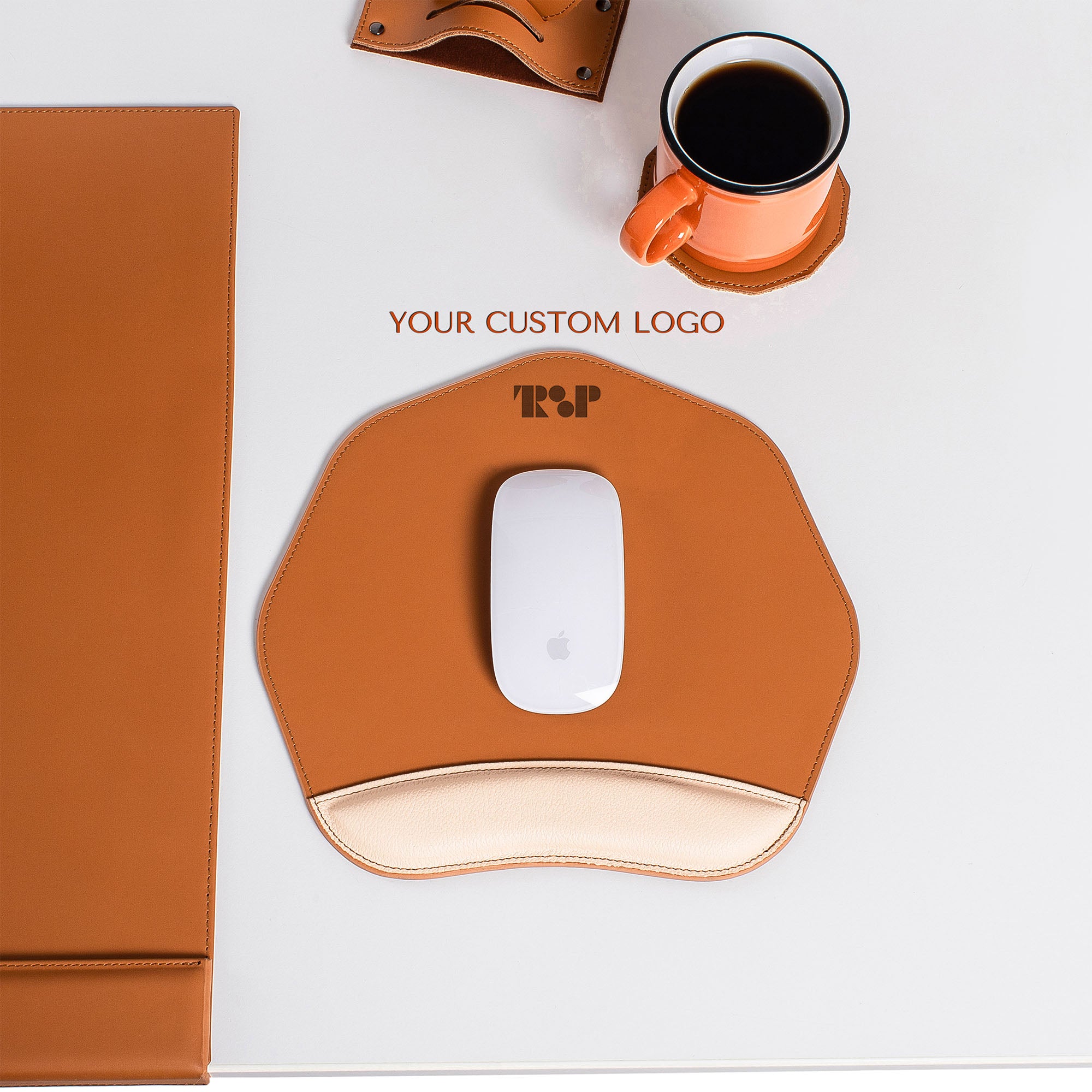 Personalized Tan Mouse pad with wrist support under magic mouse