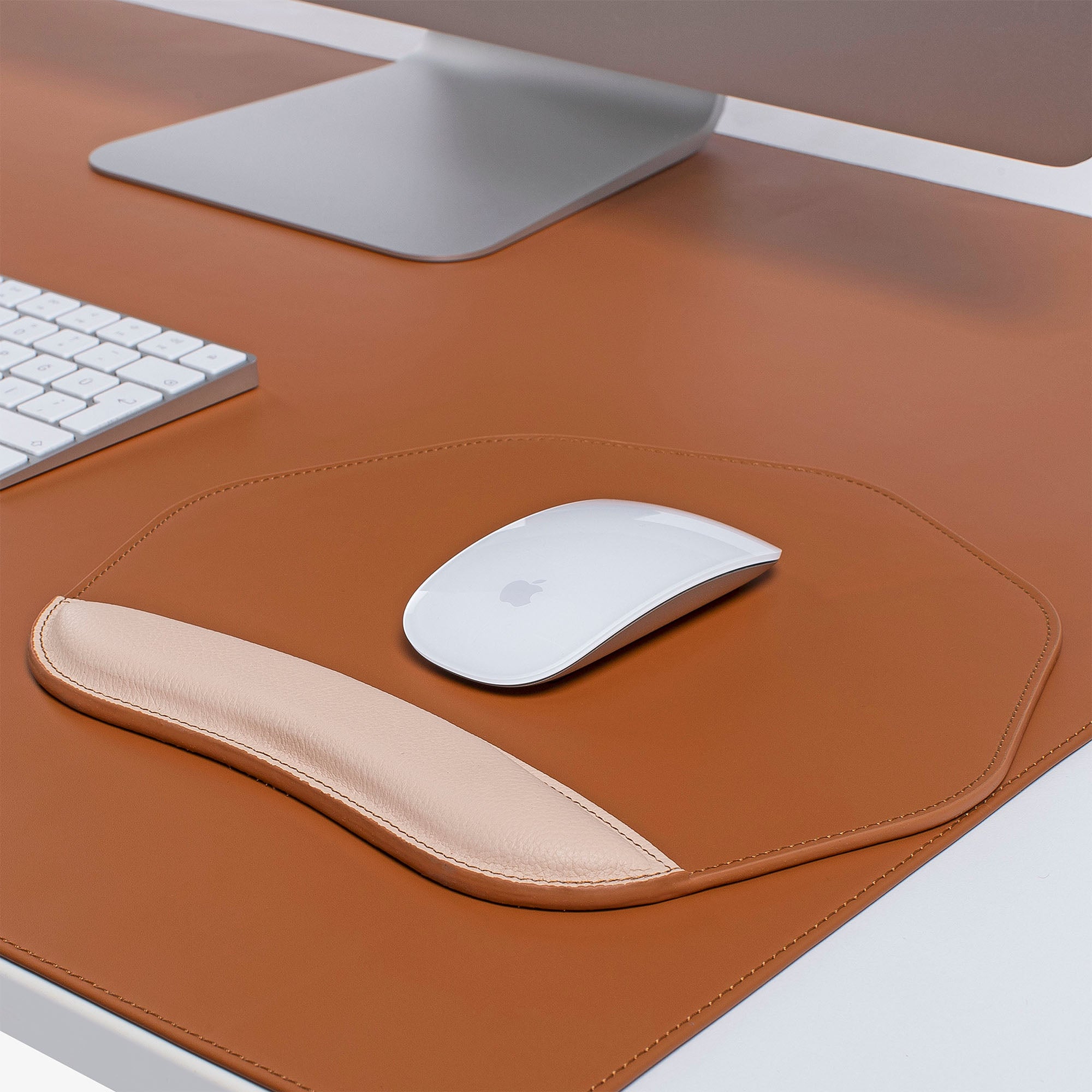 Custom Tan Mouse pad with wrist support under magic mouse