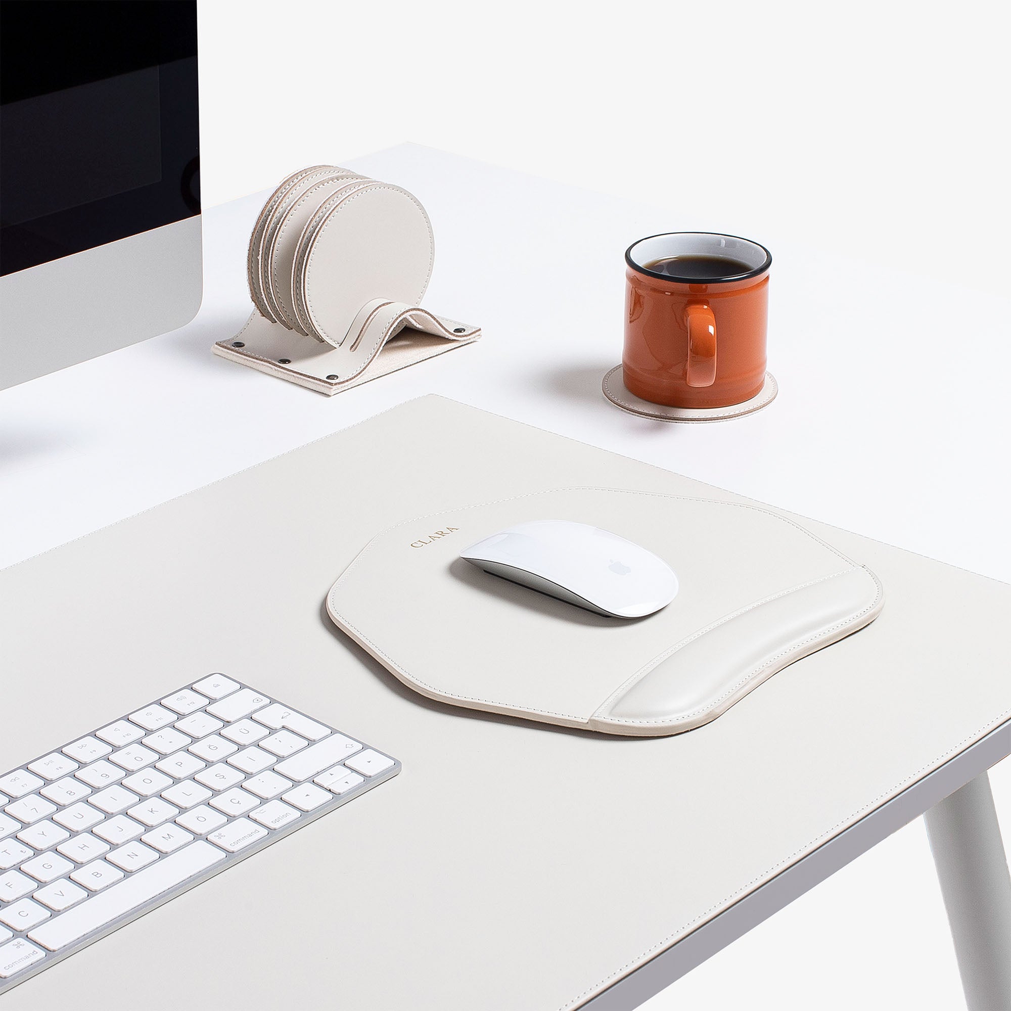 Hot stamped white Mouse pad with wrist support under magic mouse