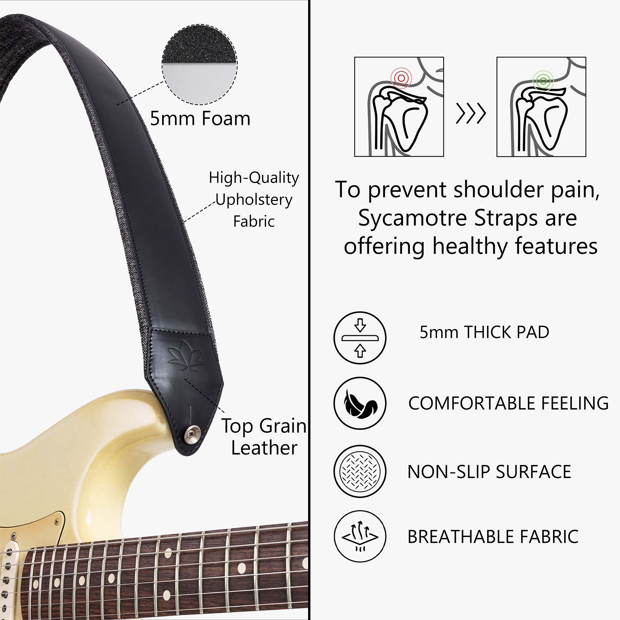 Black Padded Leather guitar strap comfortable best quality features