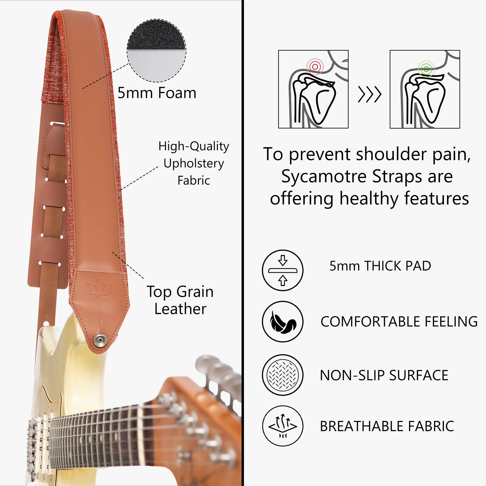 Brown Padded Leather guitar strap comfort features