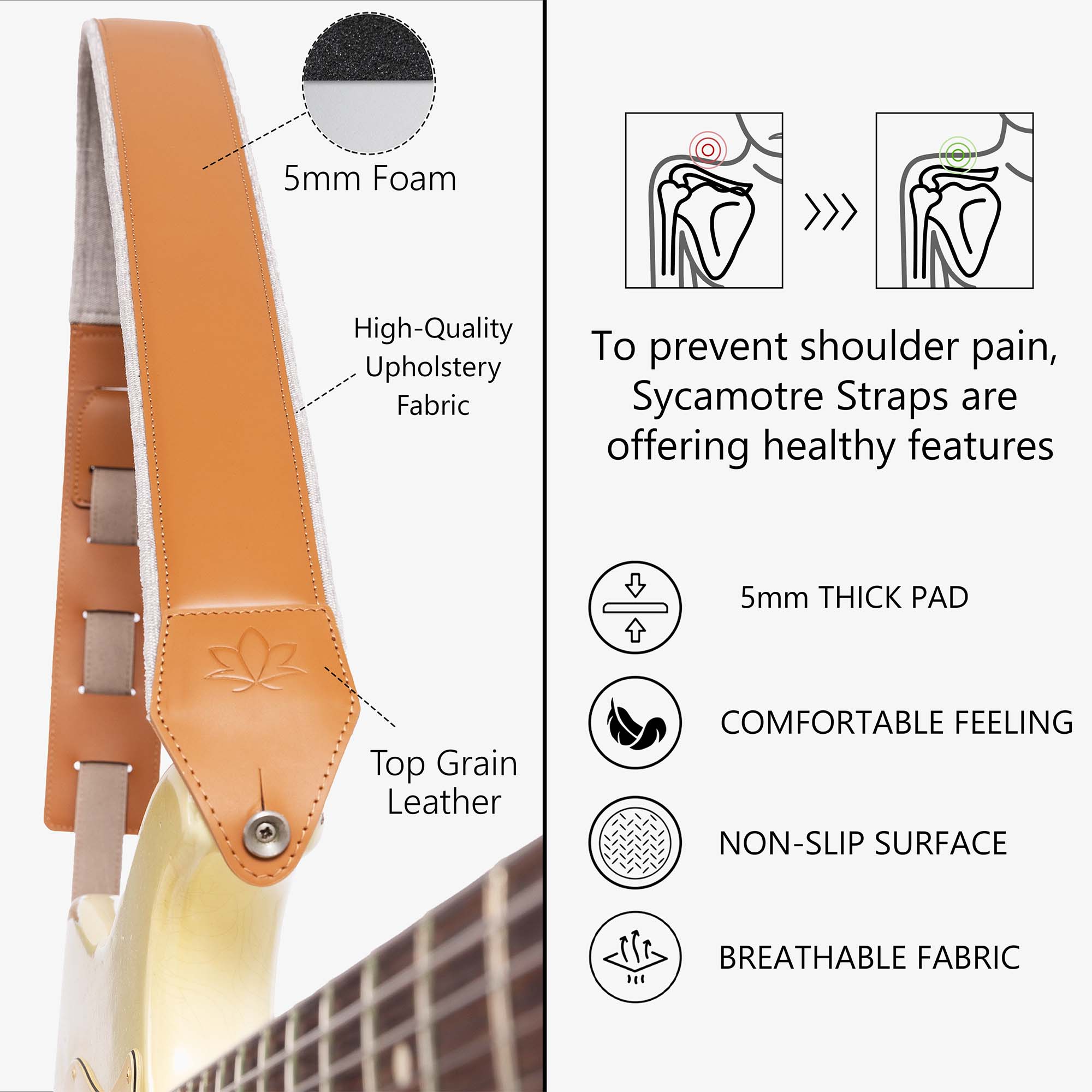 Brown Padded Leather guitar strap comfortable features