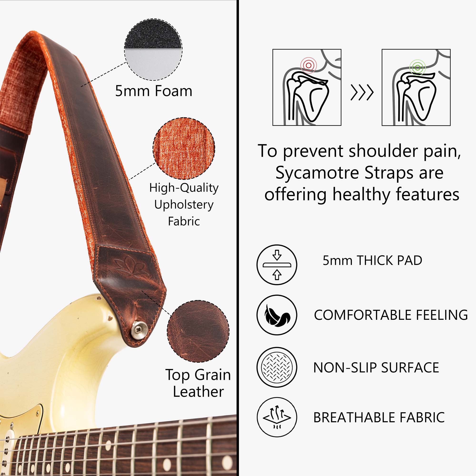 Brown Padded Leather guitar strap comfortable features