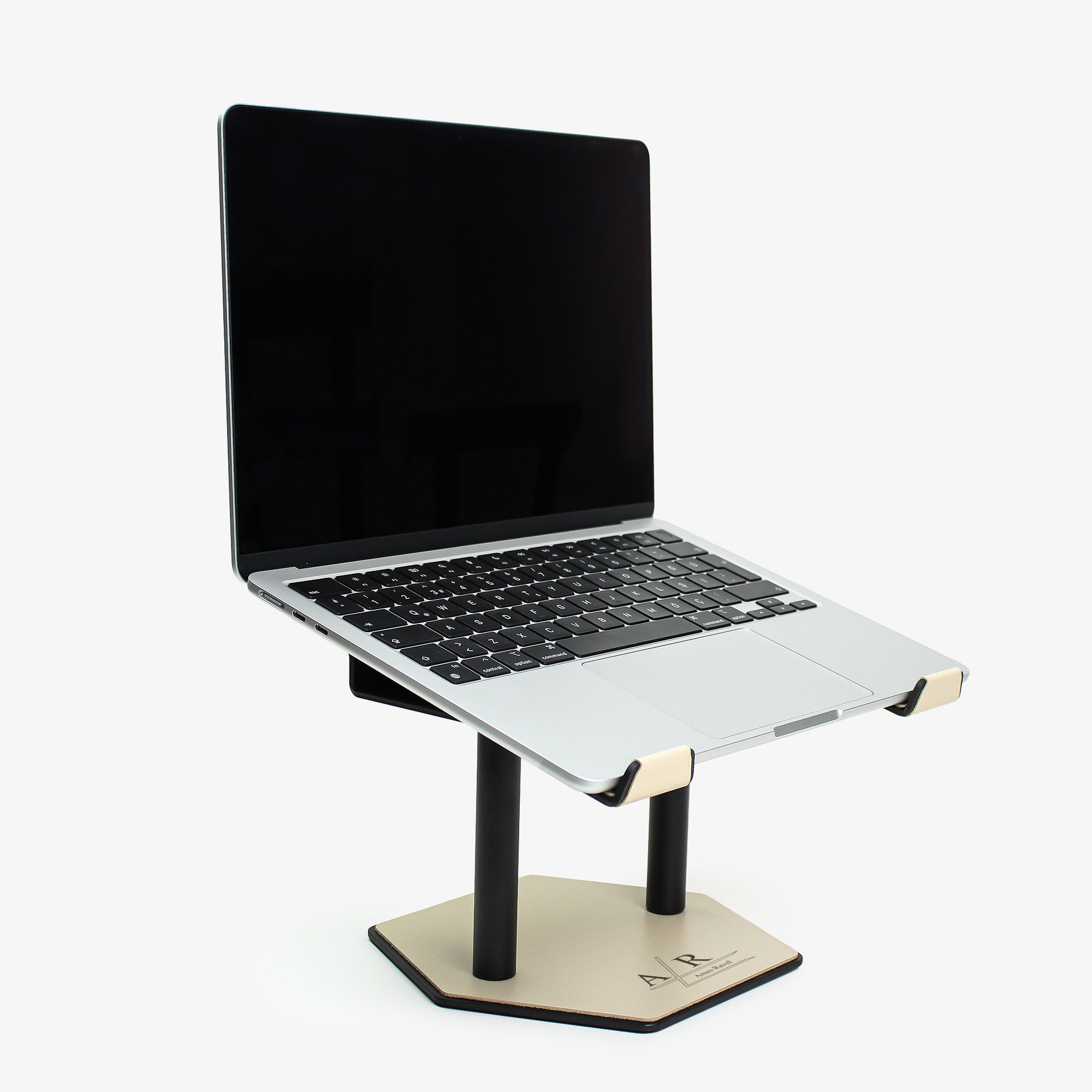 Top-down view of the beige laptop riser with smooth leather surface