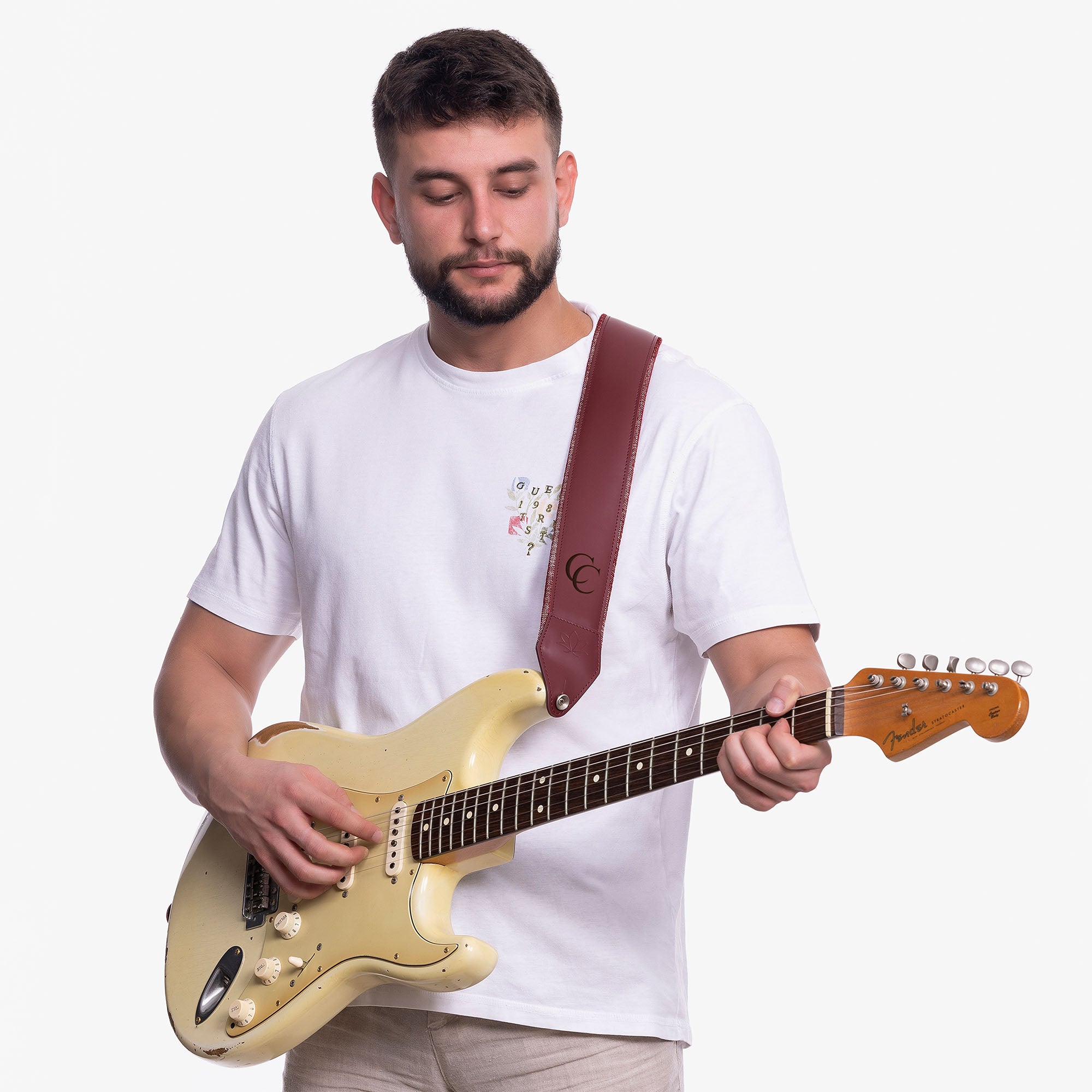Red Padded Leather guitar strap on model