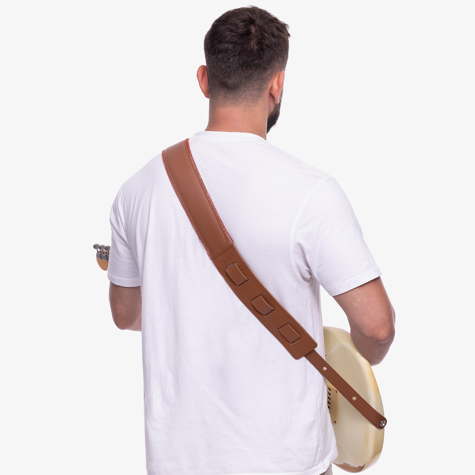 Brown Padded Leather guitar strap on model