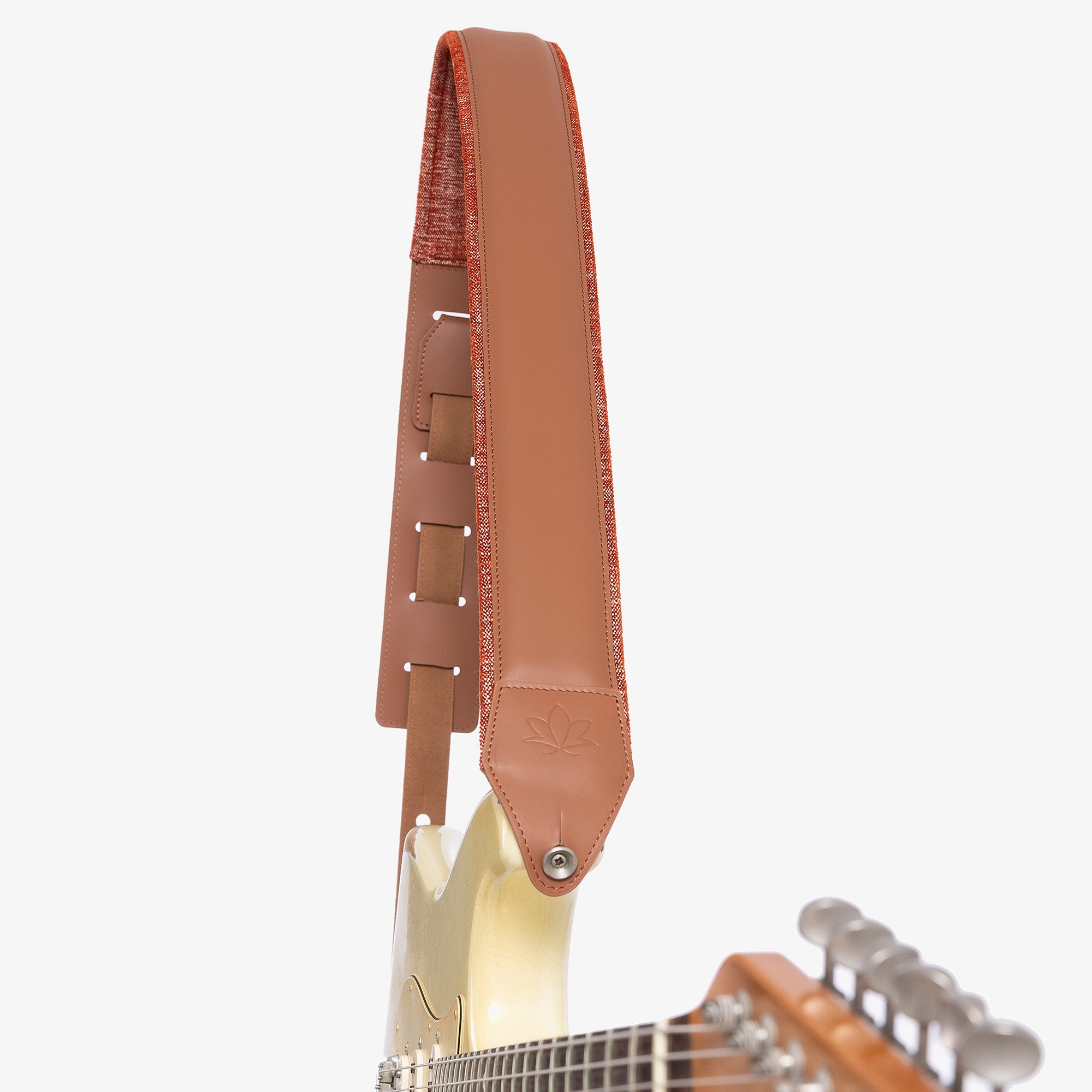 Brown Padded Leather guitar strap on model