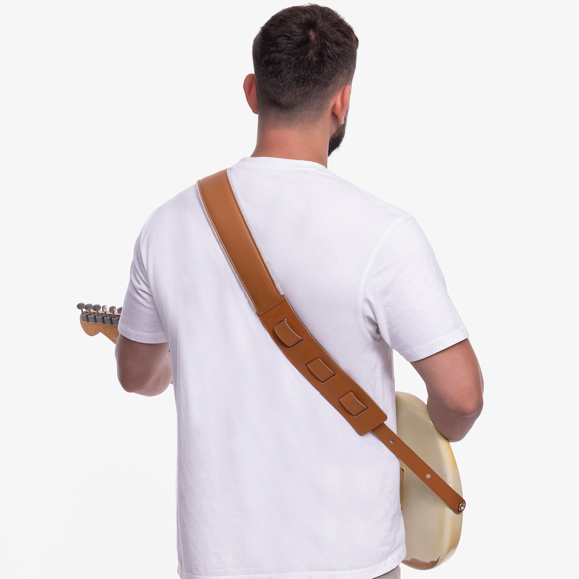 Brown Padded Leather guitar strap on model