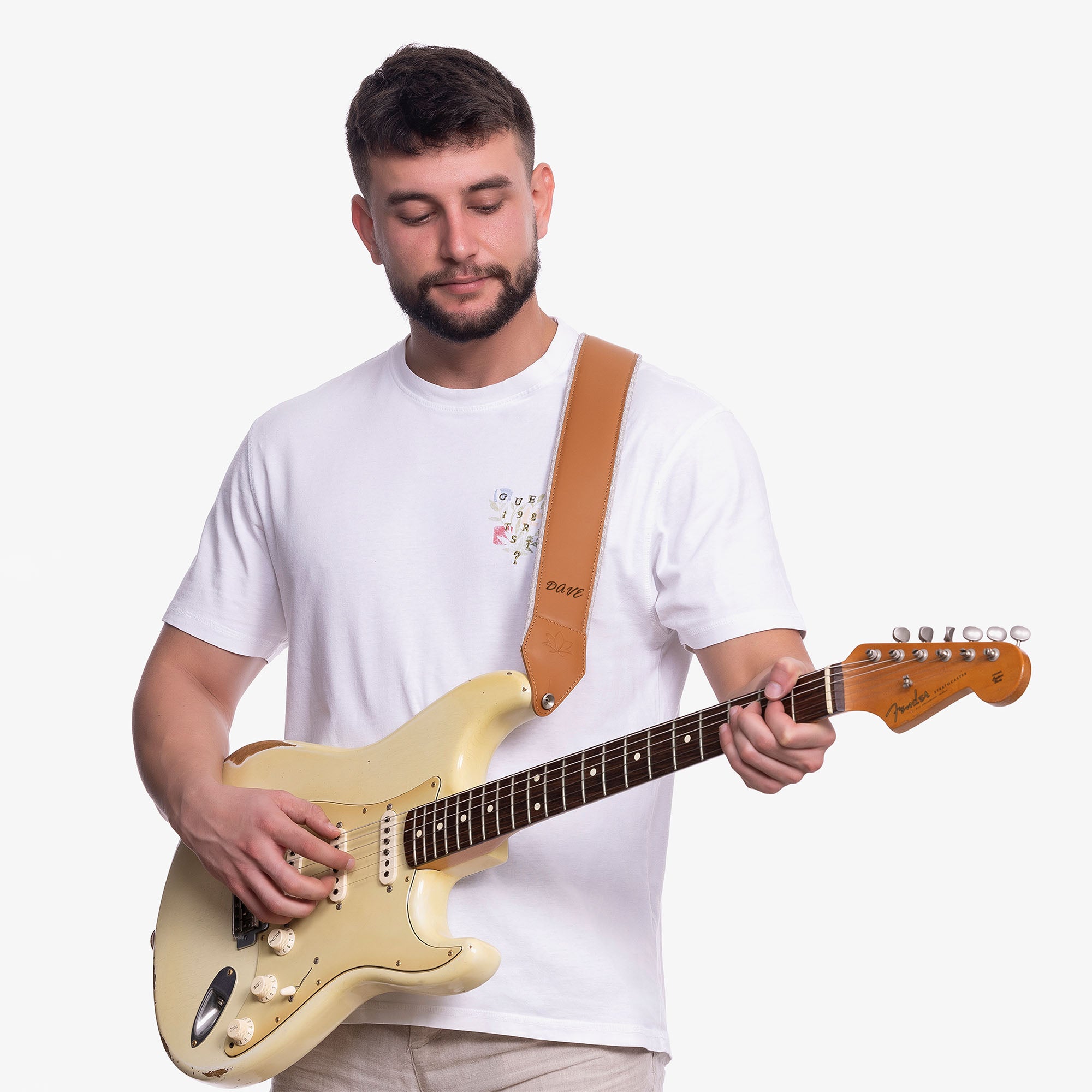 Brown Padded Leather guitar strap on model with name