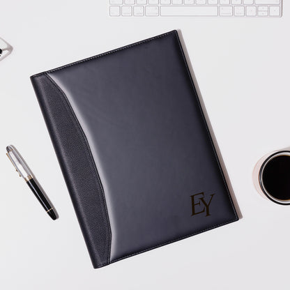 Personalized Black Leather A4 padfolio on the desk 