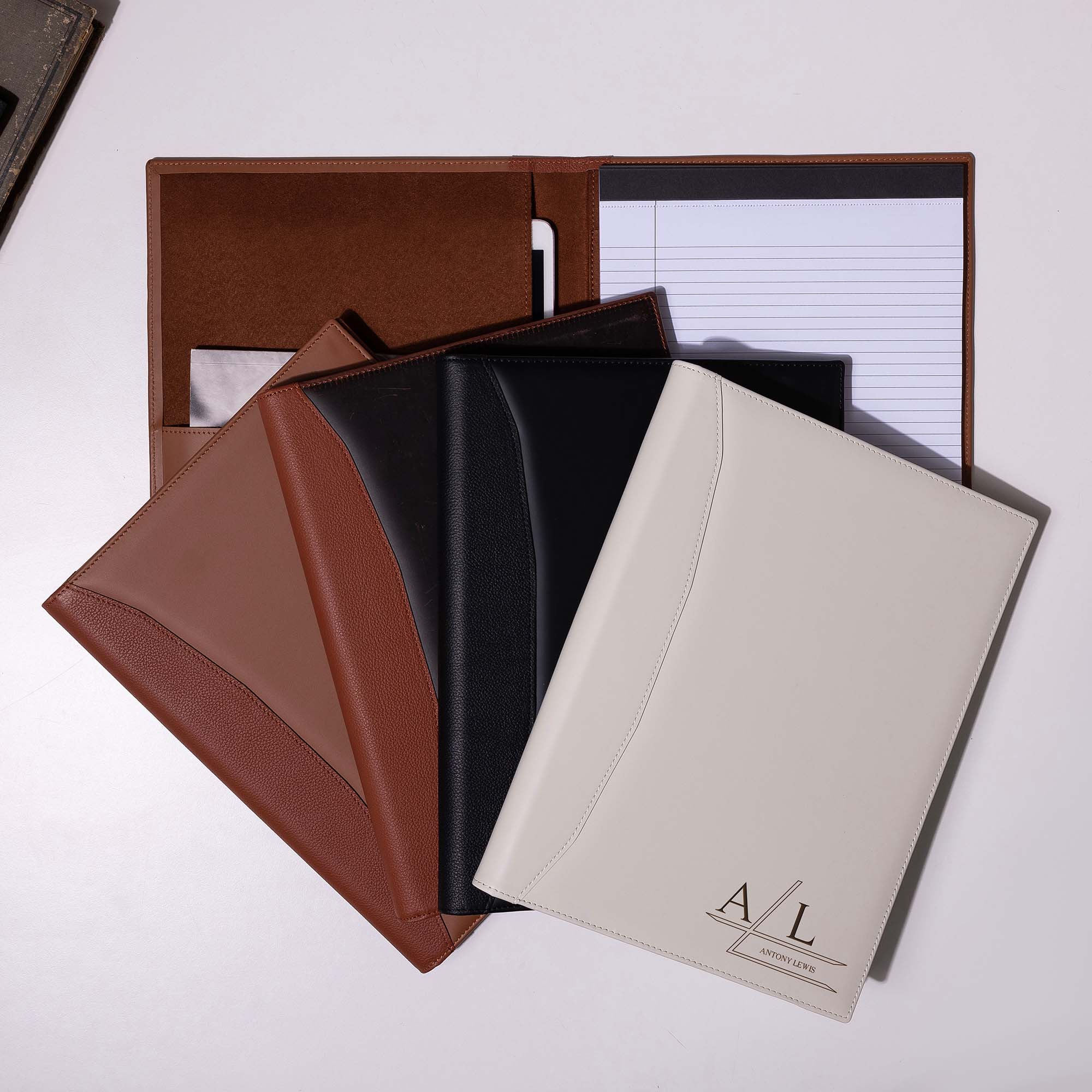 Distressed Brown Leather A4 padfolio on the desk 