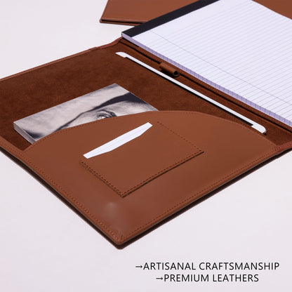 Custom Brown Leather A4 padfolio organizer on the desk 