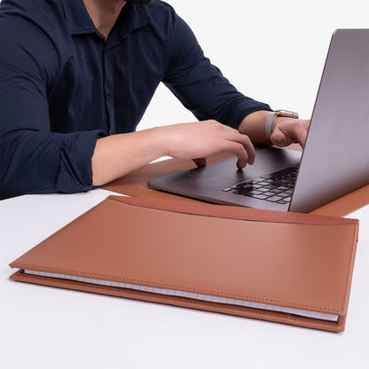 Brown Leather A4 padfolio on the desk near model 