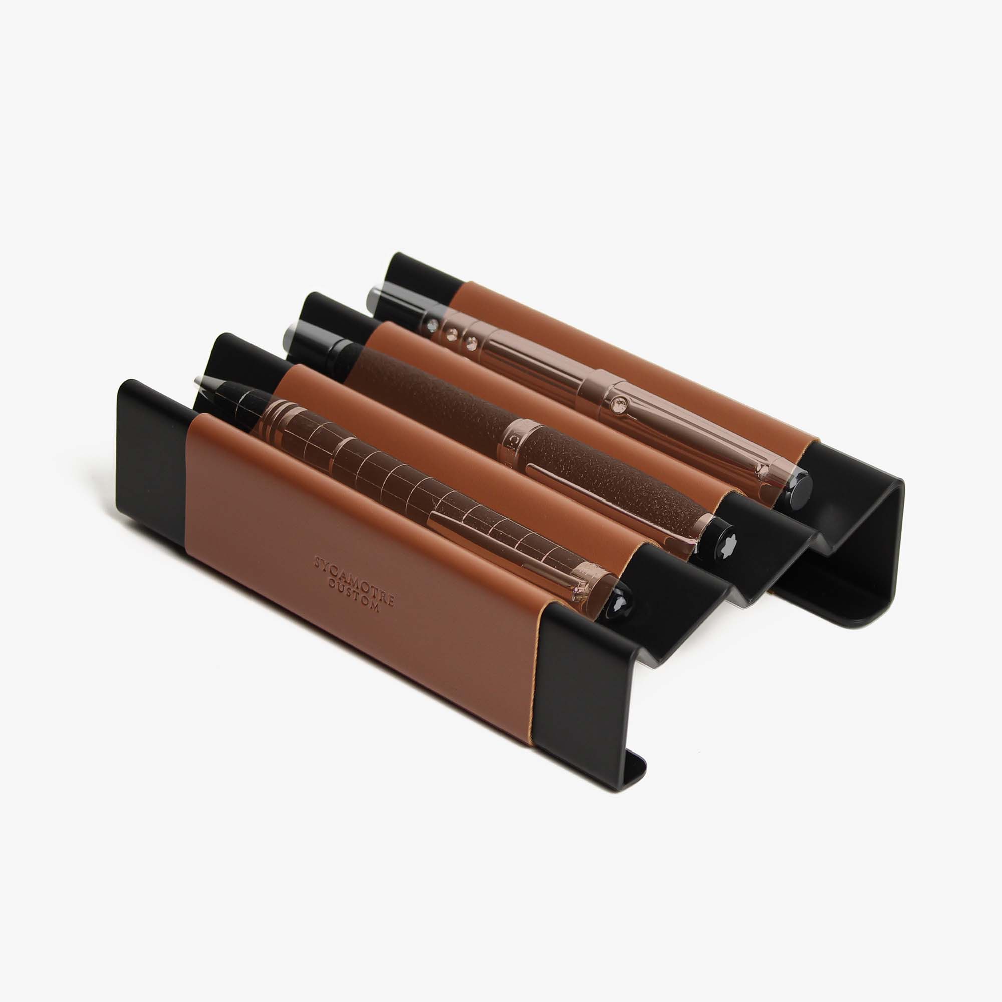 Metal pencil tray with leather overlay