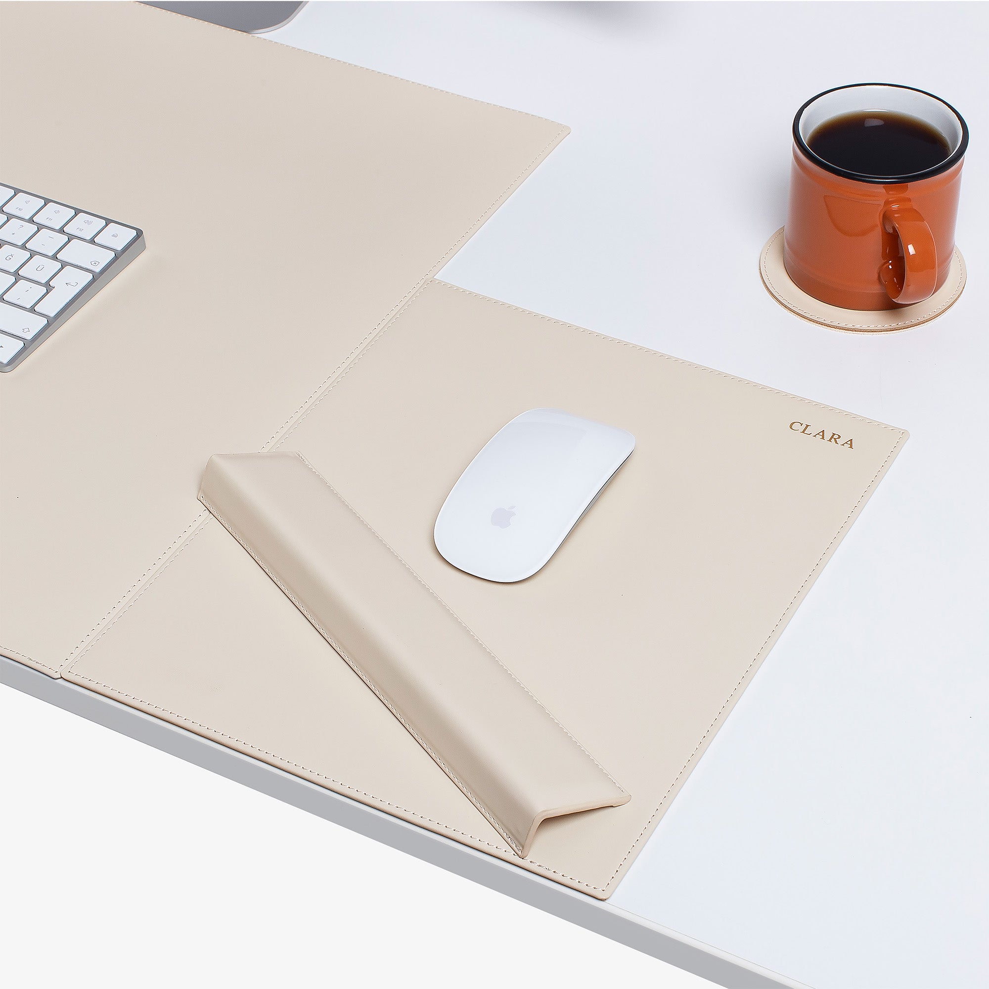 White Leather desk mat with wrist support 
