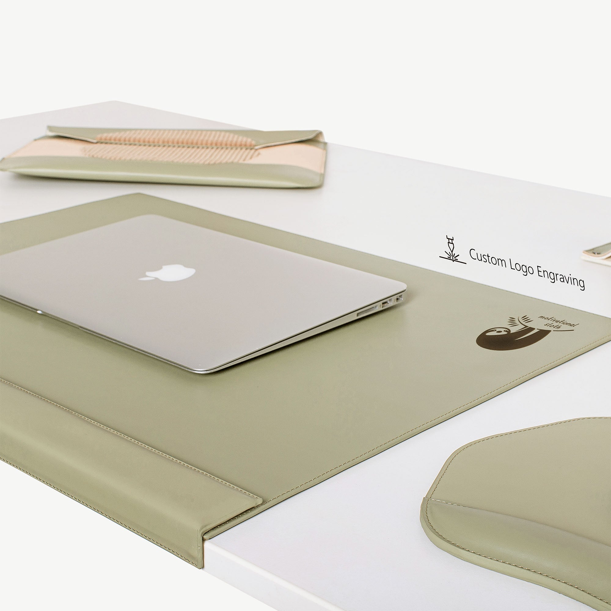 green Leather desk mat with wrist support 