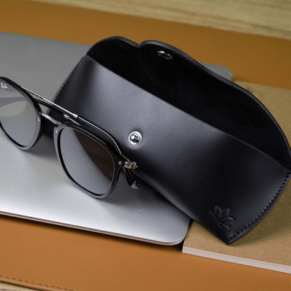 black leather sunglasses case open