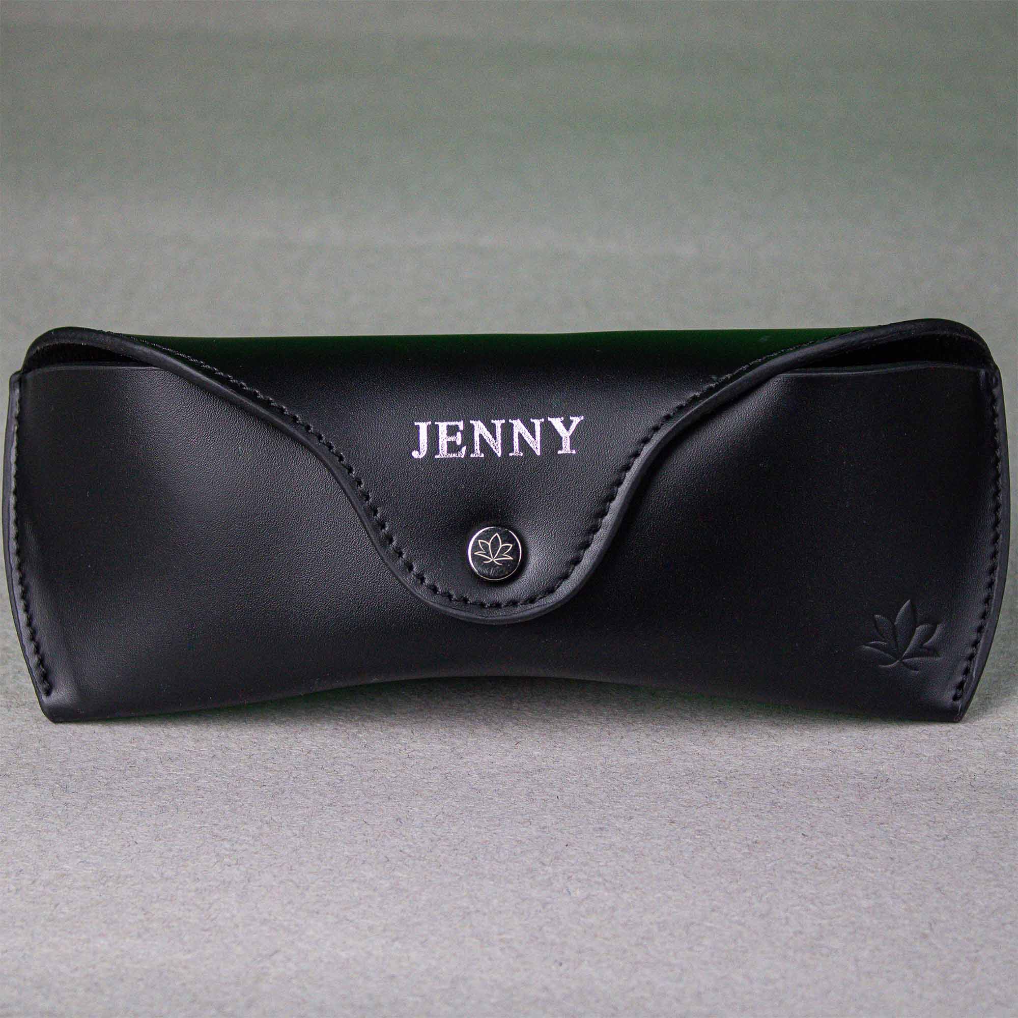 black leather glasses case customized with Jenny