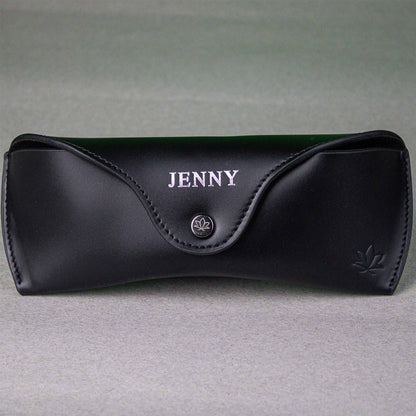 black leather glasses case customized with Jenny