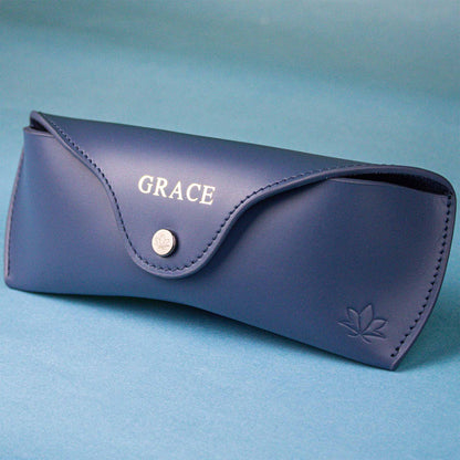 ocean blue leather glasses case personalized with Grace