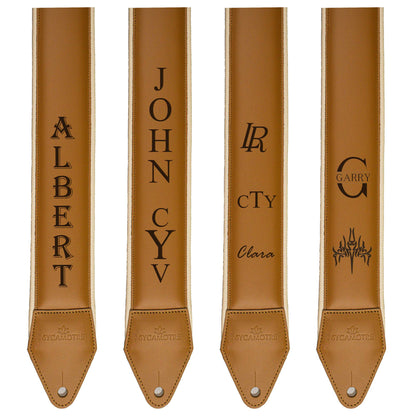 examples of personalized logo and engraving on leather guitar strap 