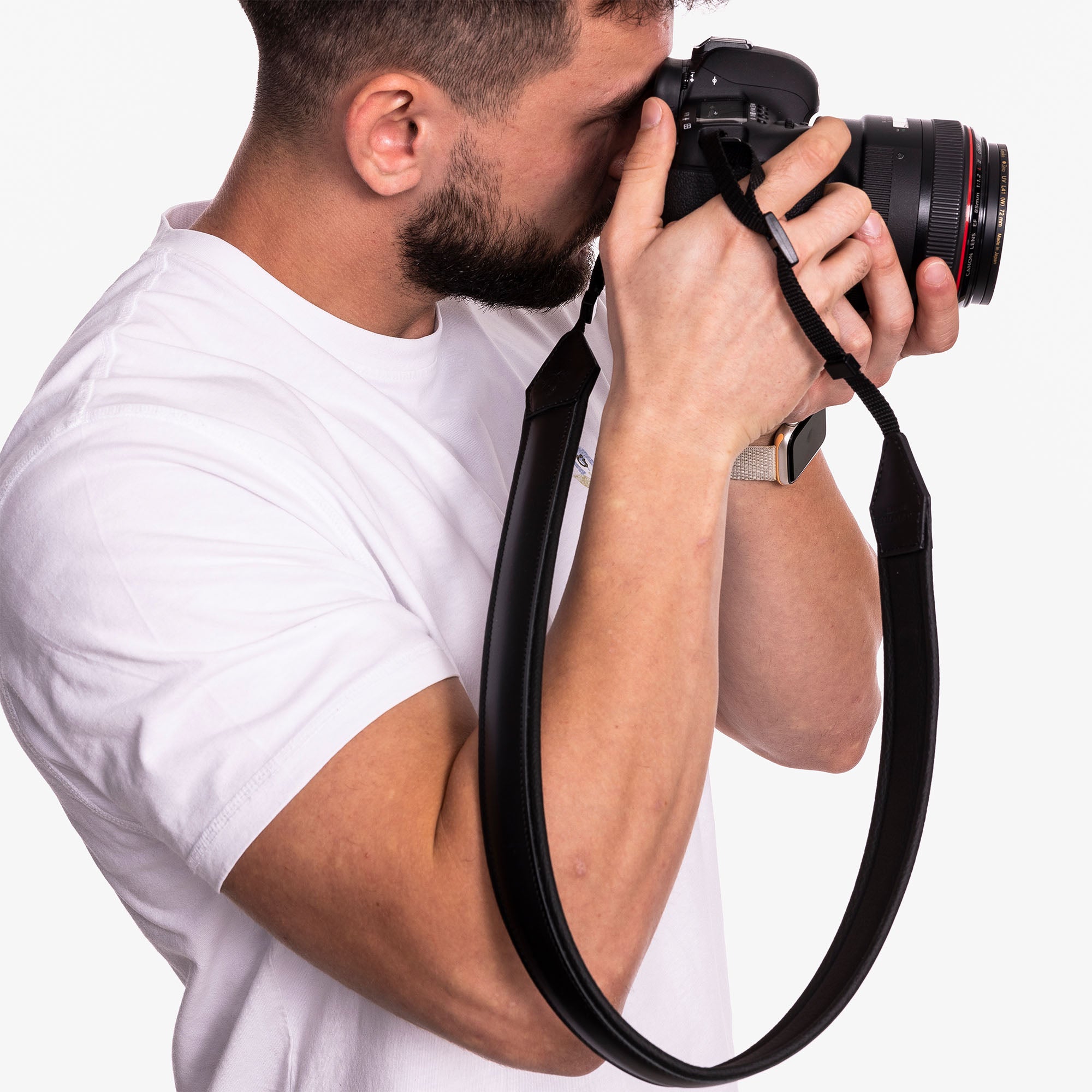 Model using Black Personalized Padded Leather Camera Strap #color_black